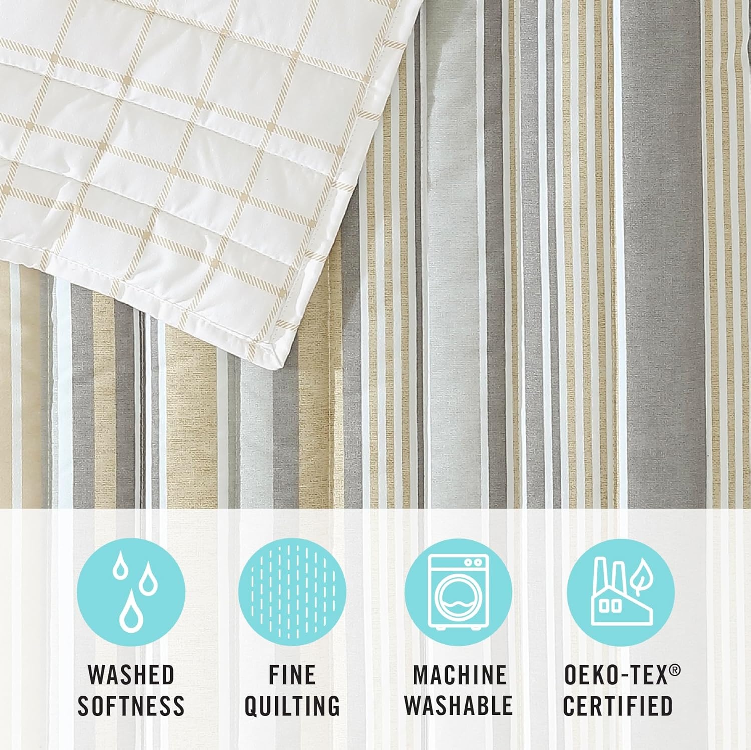 imageMartha Stewart Queen Size Quilt Set Soft amp Smooth Sateen Bedding with a Light and Breathable Feel 3 Piece Bed Set with Matching Pillowcases Fern Embroidery GreyLefferts Stripe