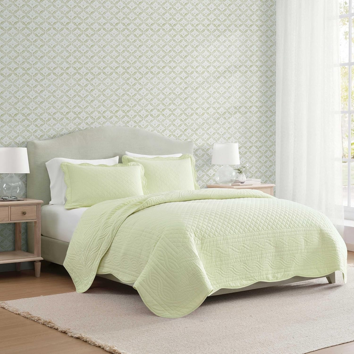 imageMartha Stewart Queen Size Quilt Set Soft amp Smooth Sateen Bedding with a Light and Breathable Feel 3 Piece Bed Set with Matching Pillowcases Fern Embroidery GreyVintage Scallop Green