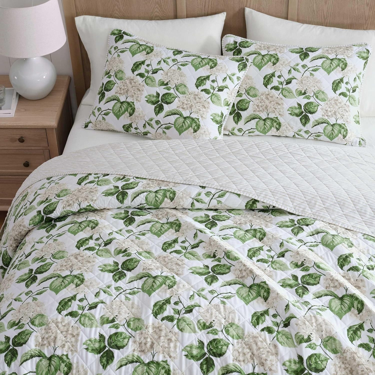 imageMartha Stewart Queen Size Quilt Set Soft amp Smooth Sateen Bedding with a Light and Breathable Feel 3 Piece Bed Set with Matching Pillowcases Fern Embroidery GreyHydrangea Floral Beige
