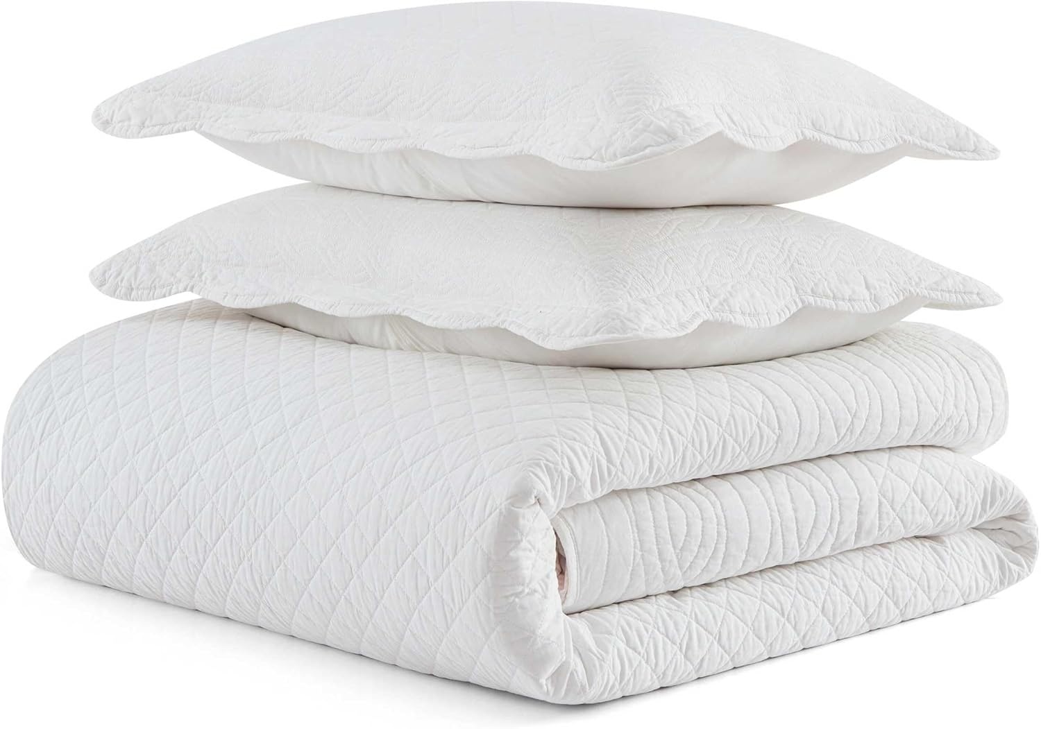 imageMartha Stewart Queen Size Quilt Set Soft amp Smooth Sateen Bedding with a Light and Breathable Feel 3 Piece Bed Set with Matching Pillowcases Fern Embroidery GreyVintage Scallop White