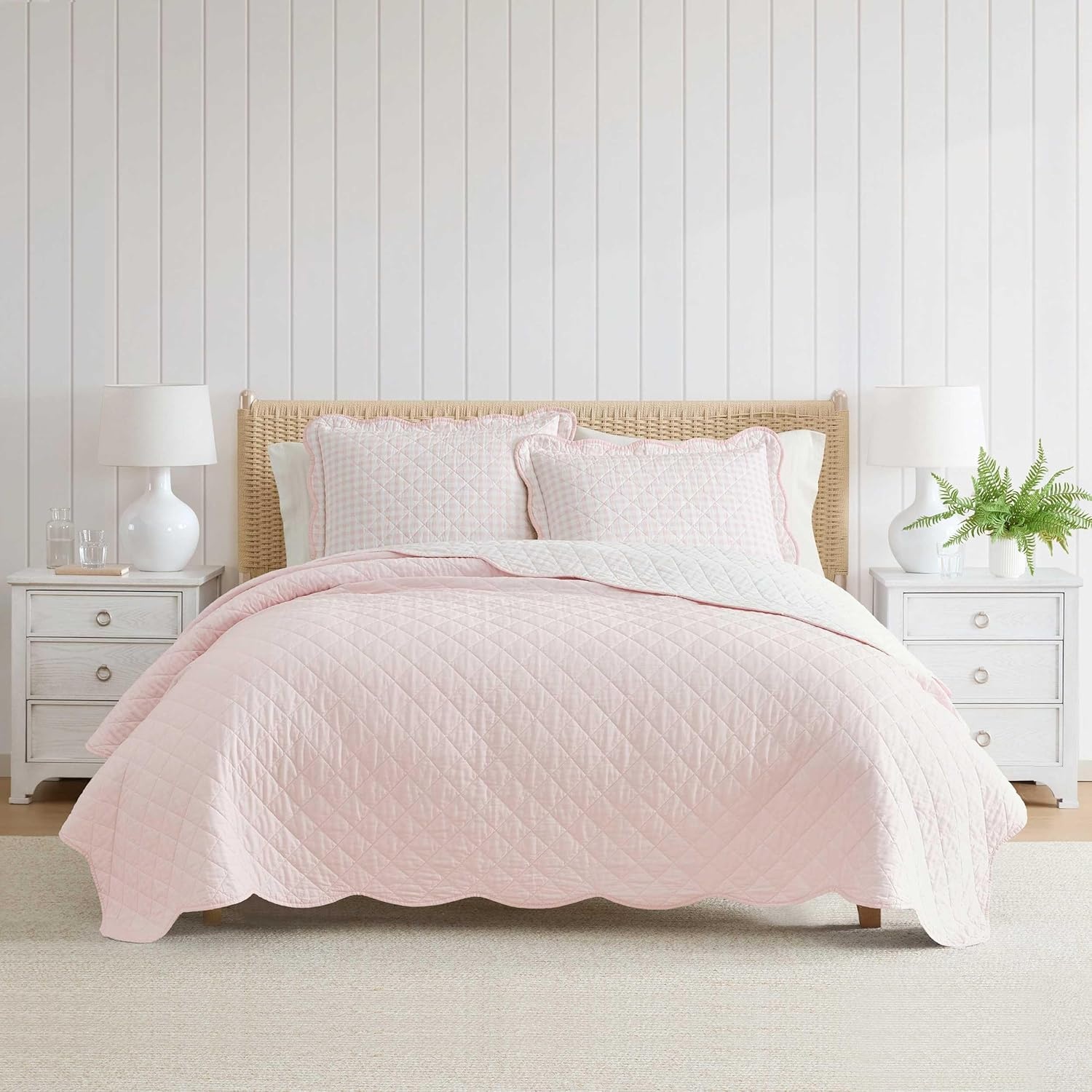imageMartha Stewart Queen Size Quilt Set Soft amp Smooth Sateen Bedding with a Light and Breathable Feel 3 Piece Bed Set with Matching Pillowcases Fern Embroidery GreyOlivia Gingham Pink