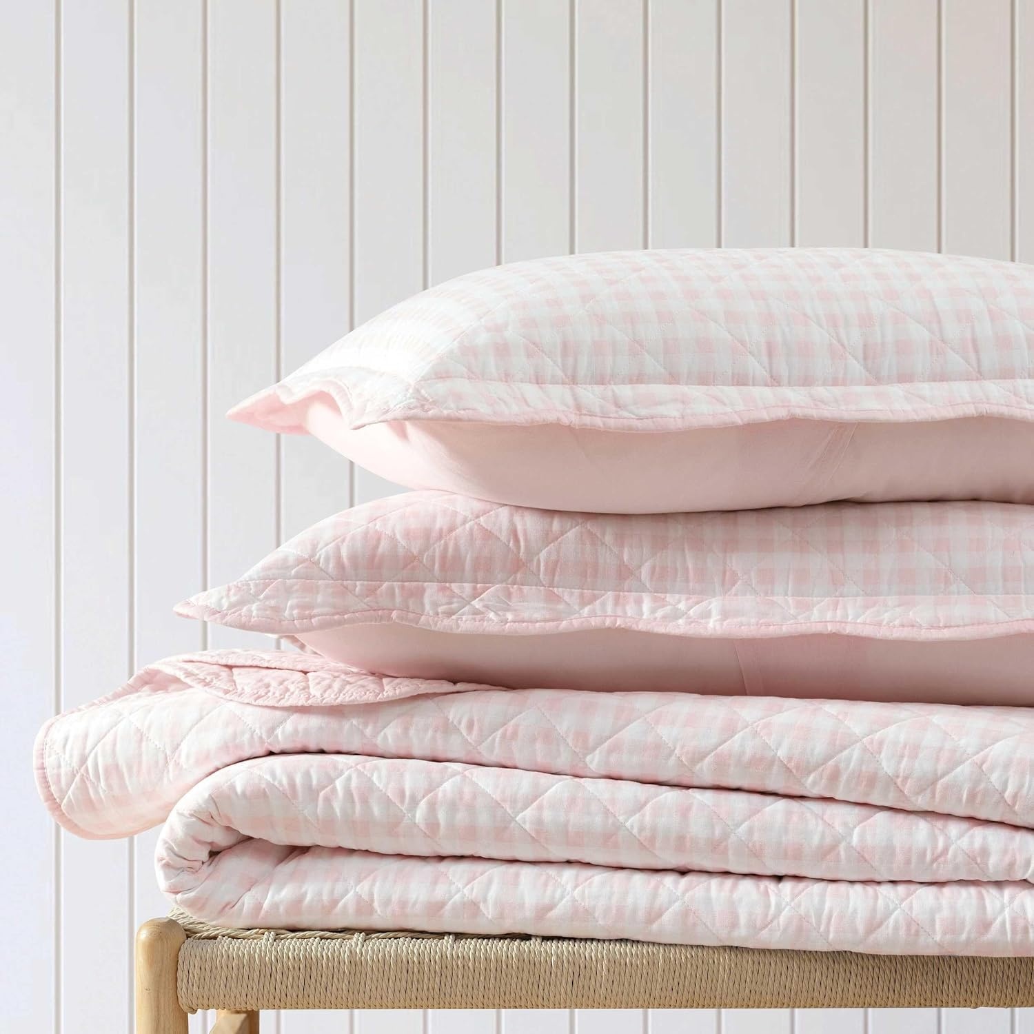 imageMartha Stewart Queen Size Quilt Set Soft amp Smooth Sateen Bedding with a Light and Breathable Feel 3 Piece Bed Set with Matching Pillowcases Fern Embroidery GreyOlivia Gingham Pink