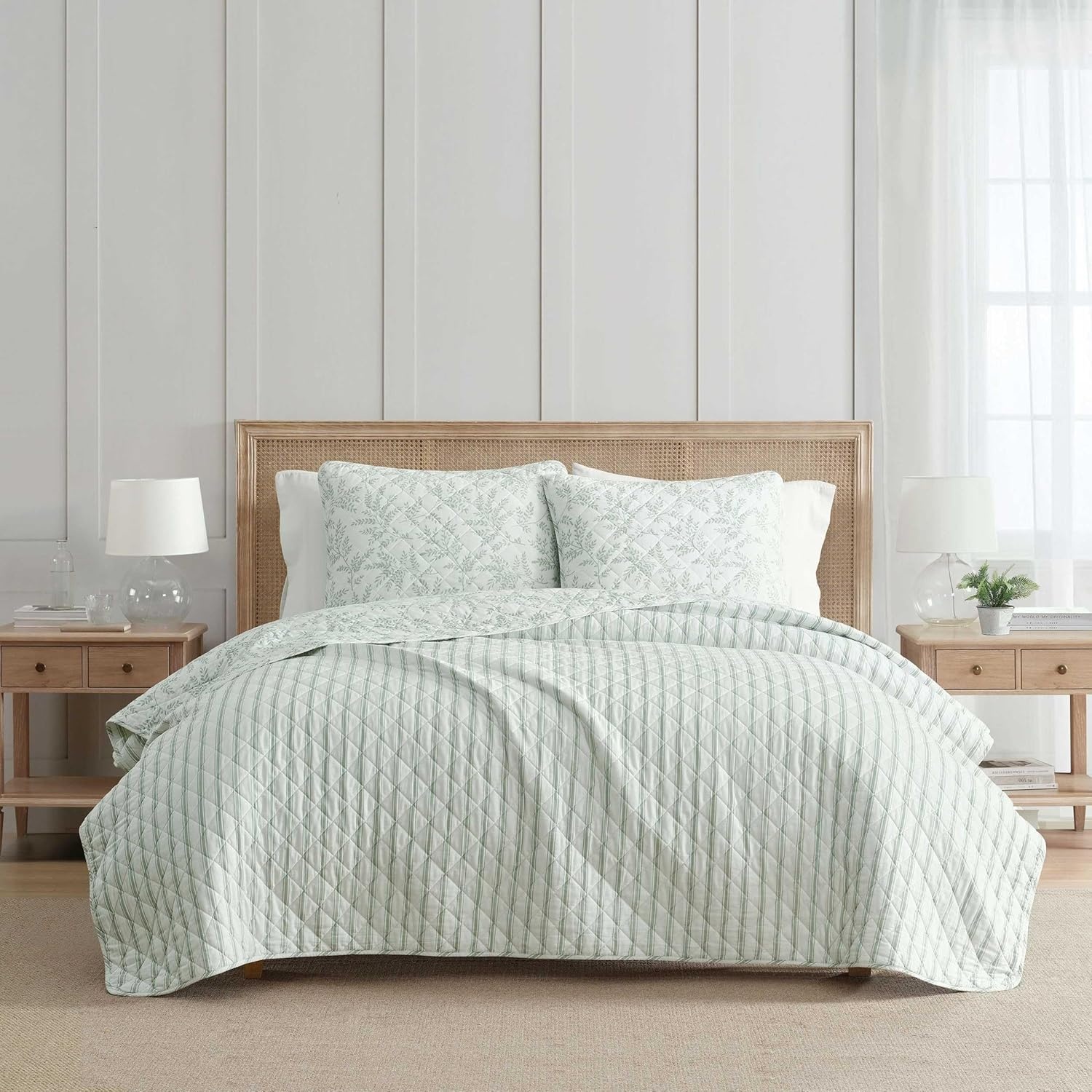 imageMartha Stewart Queen Size Quilt Set Soft amp Smooth Sateen Bedding with a Light and Breathable Feel 3 Piece Bed Set with Matching Pillowcases Fern Embroidery GreyMurray Leaves Green