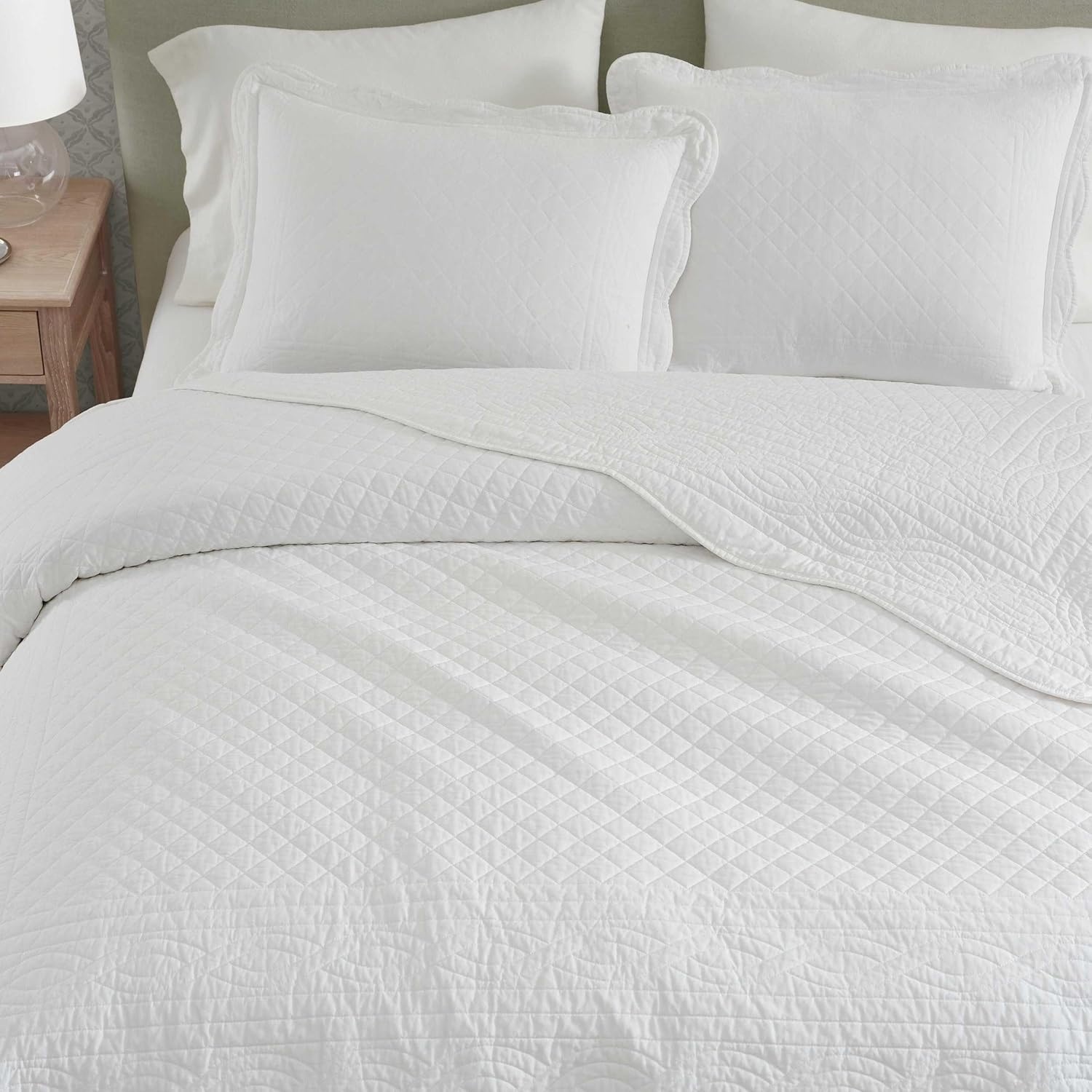 imageMartha Stewart Queen Size Quilt Set Soft amp Smooth Sateen Bedding with a Light and Breathable Feel 3 Piece Bed Set with Matching Pillowcases Fern Embroidery GreyVintage Scallop White