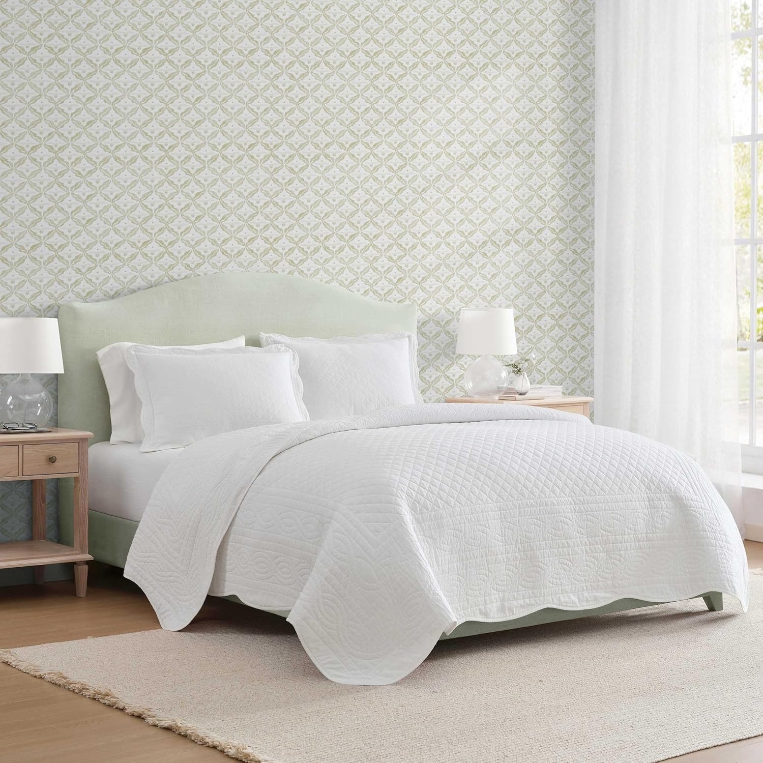 imageMartha Stewart Queen Size Quilt Set Soft amp Smooth Sateen Bedding with a Light and Breathable Feel 3 Piece Bed Set with Matching Pillowcases Fern Embroidery GreyVintage Scallop White