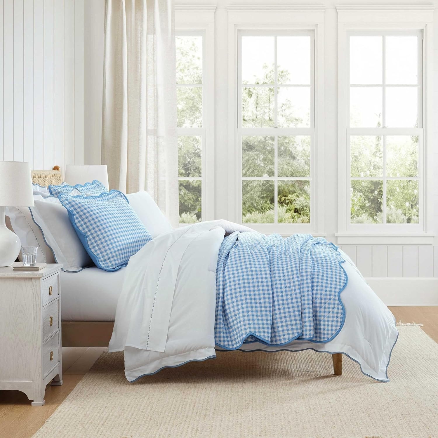imageMartha Stewart Queen Size Quilt Set Soft amp Smooth Sateen Bedding with a Light and Breathable Feel 3 Piece Bed Set with Matching Pillowcases Fern Embroidery GreyOlivia Gingham Blue