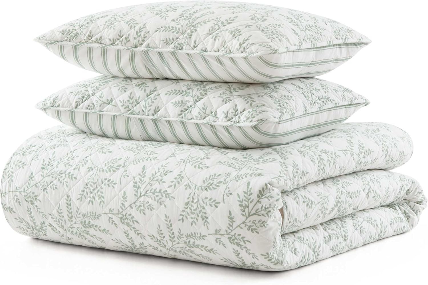 imageMartha Stewart Queen Size Quilt Set Soft amp Smooth Sateen Bedding with a Light and Breathable Feel 3 Piece Bed Set with Matching Pillowcases Fern Embroidery GreyMurray Leaves Green