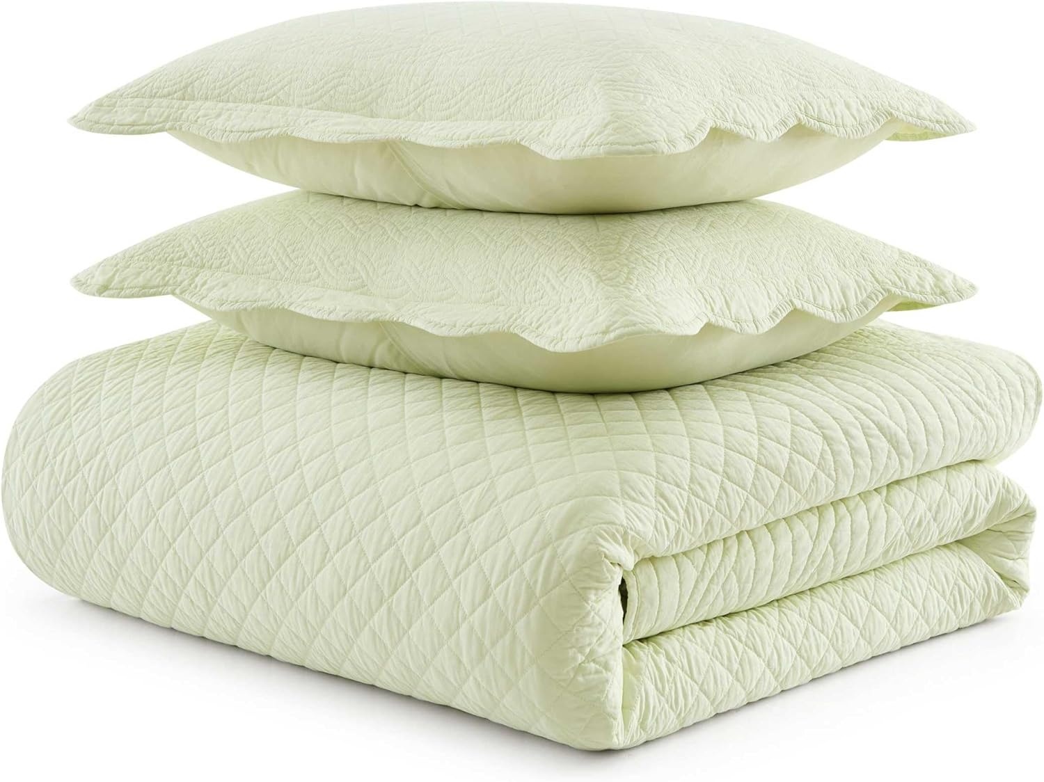 imageMartha Stewart Queen Size Quilt Set Soft amp Smooth Sateen Bedding with a Light and Breathable Feel 3 Piece Bed Set with Matching Pillowcases Fern Embroidery GreyVintage Scallop Green
