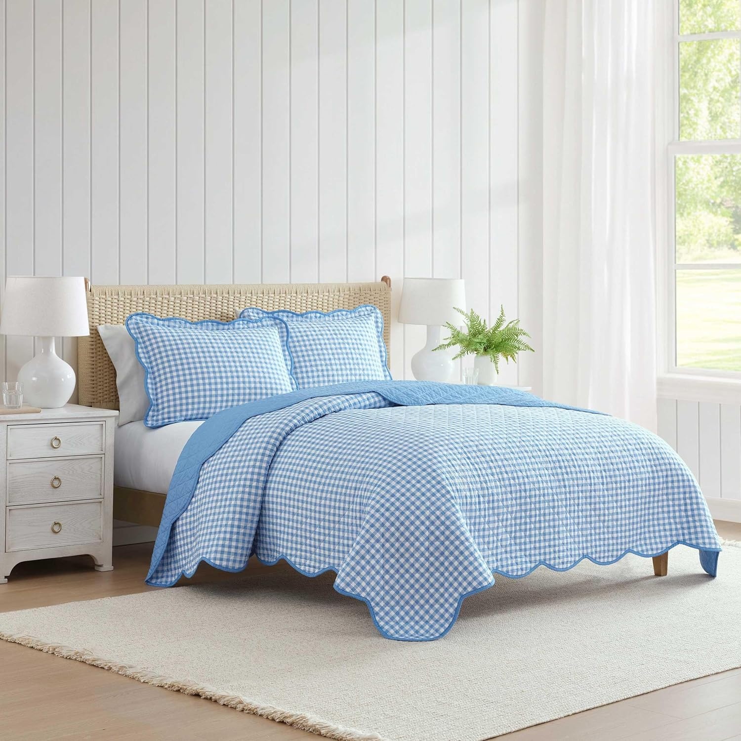 imageMartha Stewart Queen Size Quilt Set Soft amp Smooth Sateen Bedding with a Light and Breathable Feel 3 Piece Bed Set with Matching Pillowcases Fern Embroidery GreyOlivia Gingham Blue