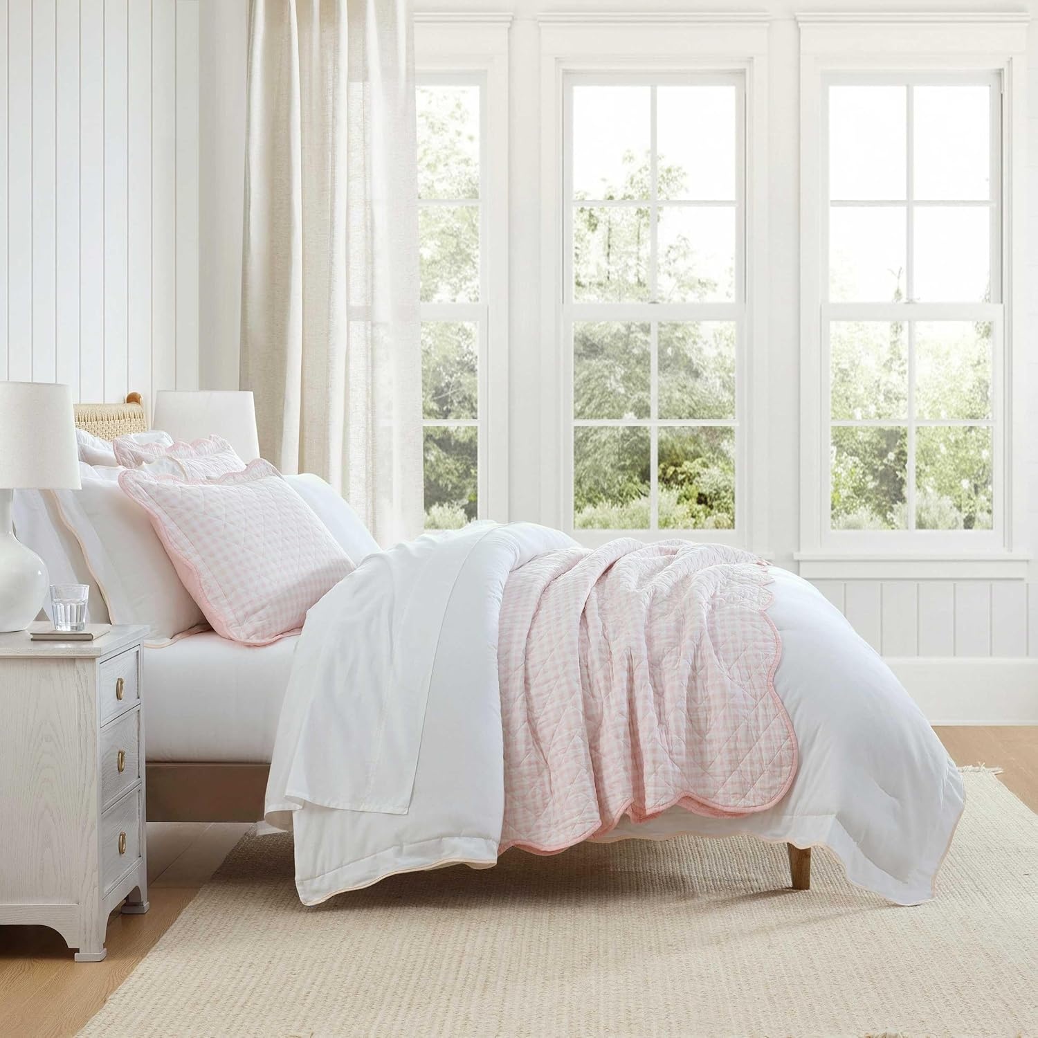 imageMartha Stewart Queen Size Quilt Set Soft amp Smooth Sateen Bedding with a Light and Breathable Feel 3 Piece Bed Set with Matching Pillowcases Fern Embroidery GreyOlivia Gingham Pink