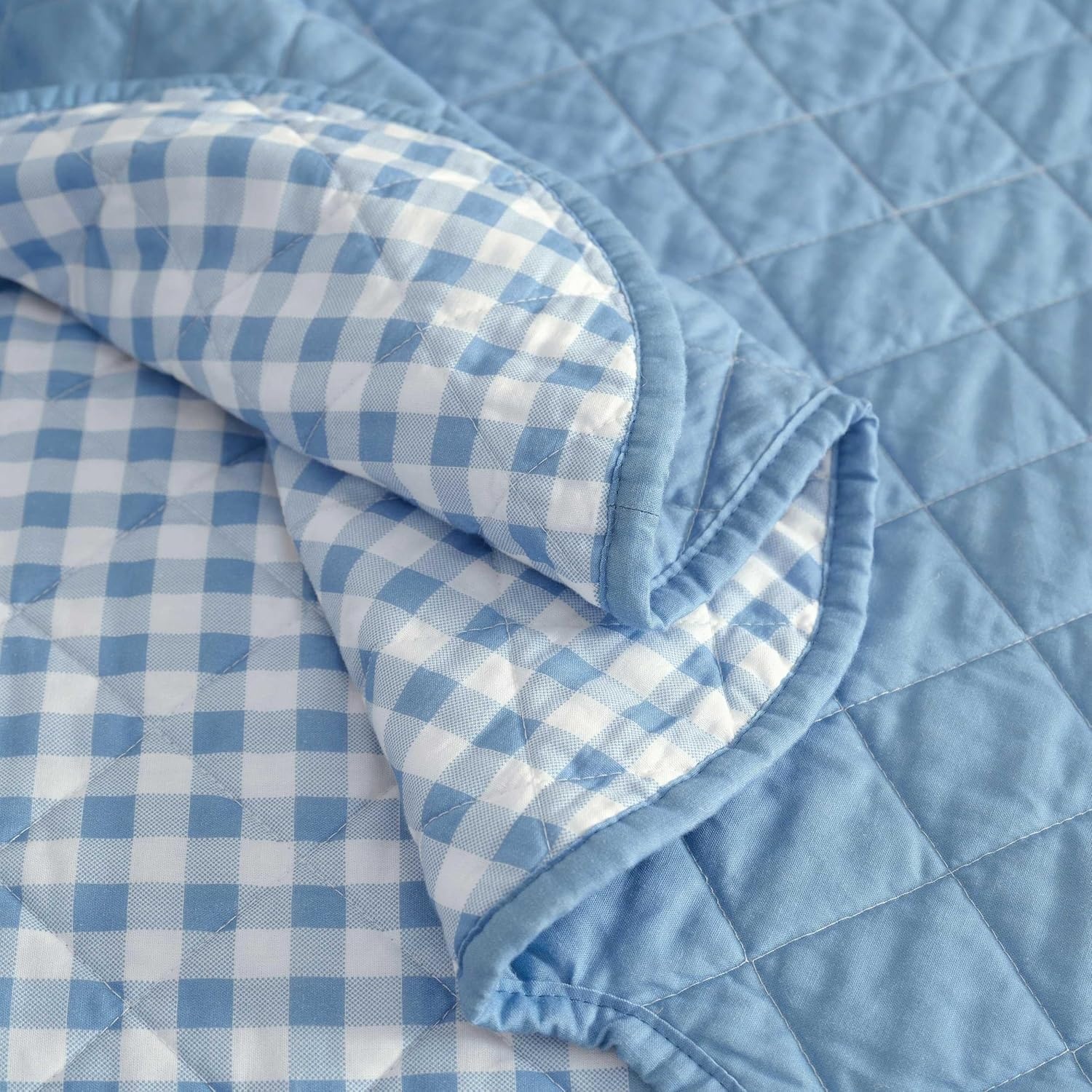 imageMartha Stewart Queen Size Quilt Set Soft amp Smooth Sateen Bedding with a Light and Breathable Feel 3 Piece Bed Set with Matching Pillowcases Fern Embroidery GreyOlivia Gingham Blue
