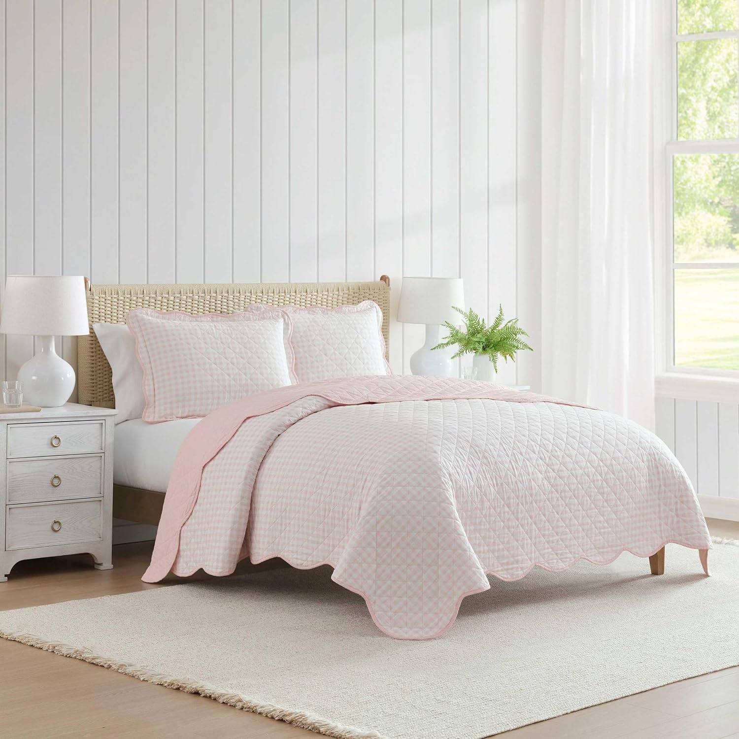 imageMartha Stewart Queen Size Quilt Set Soft amp Smooth Sateen Bedding with a Light and Breathable Feel 3 Piece Bed Set with Matching Pillowcases Fern Embroidery GreyOlivia Gingham Pink