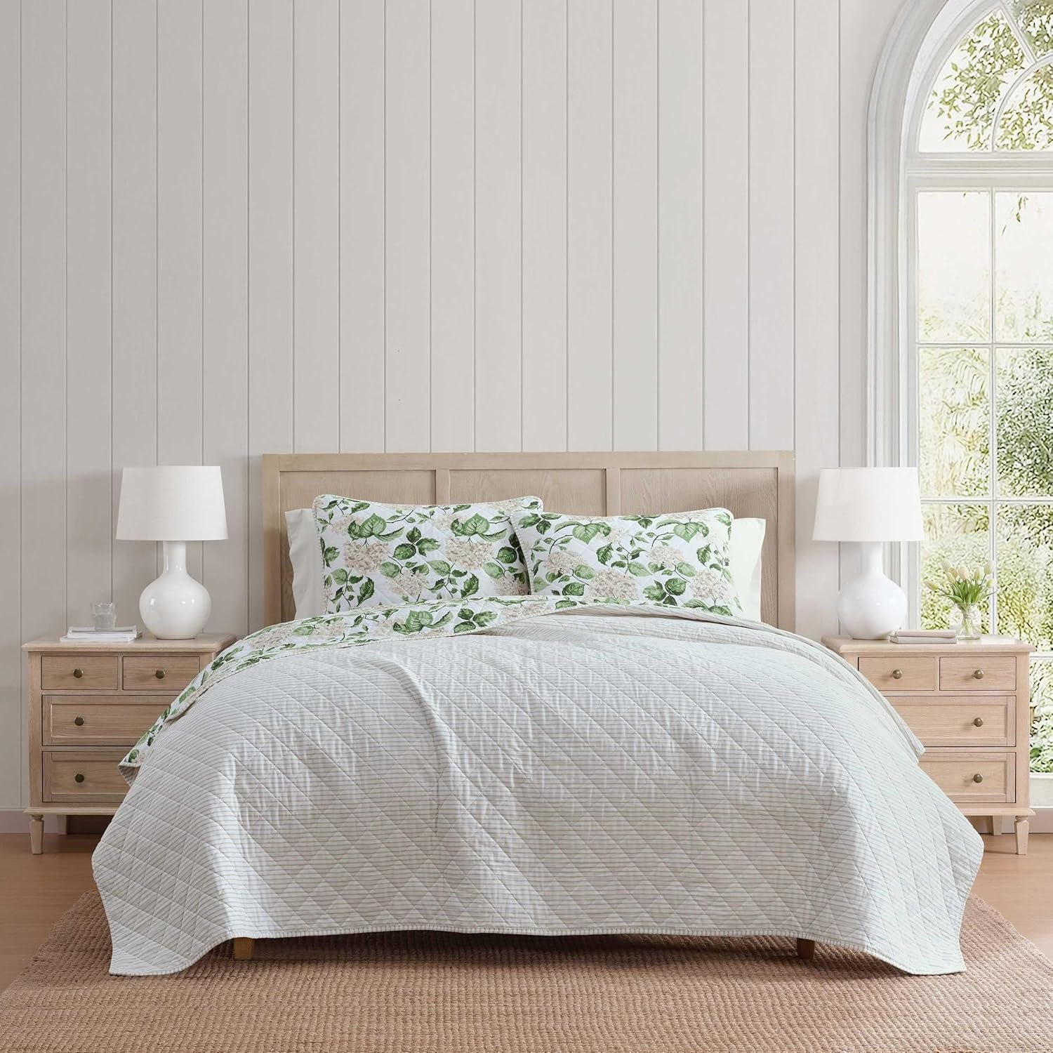 imageMartha Stewart Queen Size Quilt Set Soft amp Smooth Sateen Bedding with a Light and Breathable Feel 3 Piece Bed Set with Matching Pillowcases Fern Embroidery GreyHydrangea Floral Beige