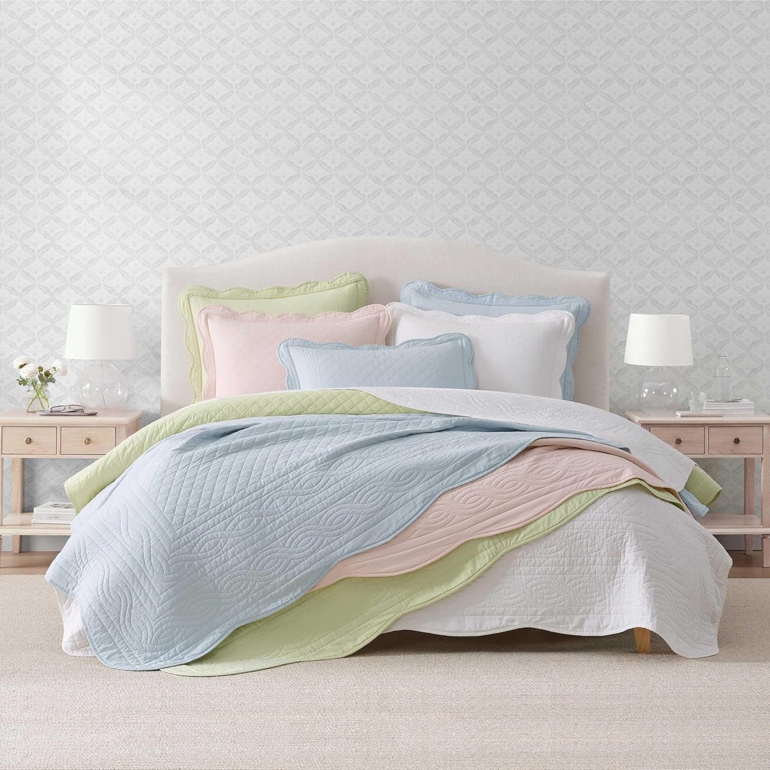 imageMartha Stewart Queen Size Quilt Set Soft amp Smooth Sateen Bedding with a Light and Breathable Feel 3 Piece Bed Set with Matching Pillowcases Fern Embroidery GreyVintage Scallop Green