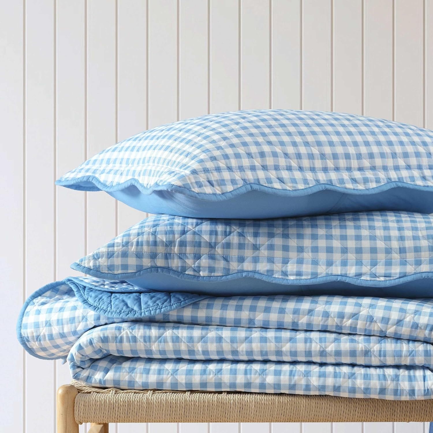 imageMartha Stewart Queen Size Quilt Set Soft amp Smooth Sateen Bedding with a Light and Breathable Feel 3 Piece Bed Set with Matching Pillowcases Fern Embroidery GreyOlivia Gingham Blue
