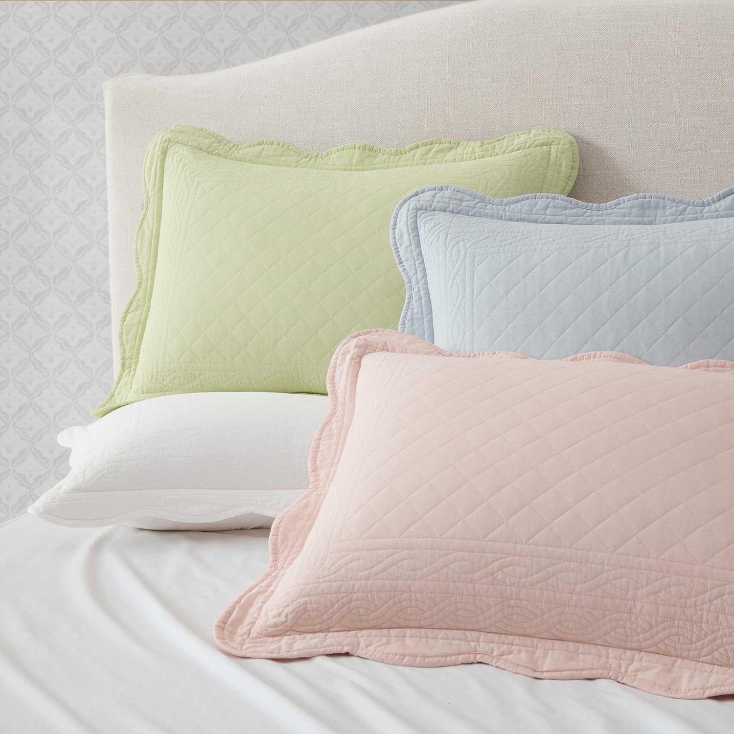 imageMartha Stewart Queen Size Quilt Set Soft amp Smooth Sateen Bedding with a Light and Breathable Feel 3 Piece Bed Set with Matching Pillowcases Fern Embroidery GreyVintage Scallop Green