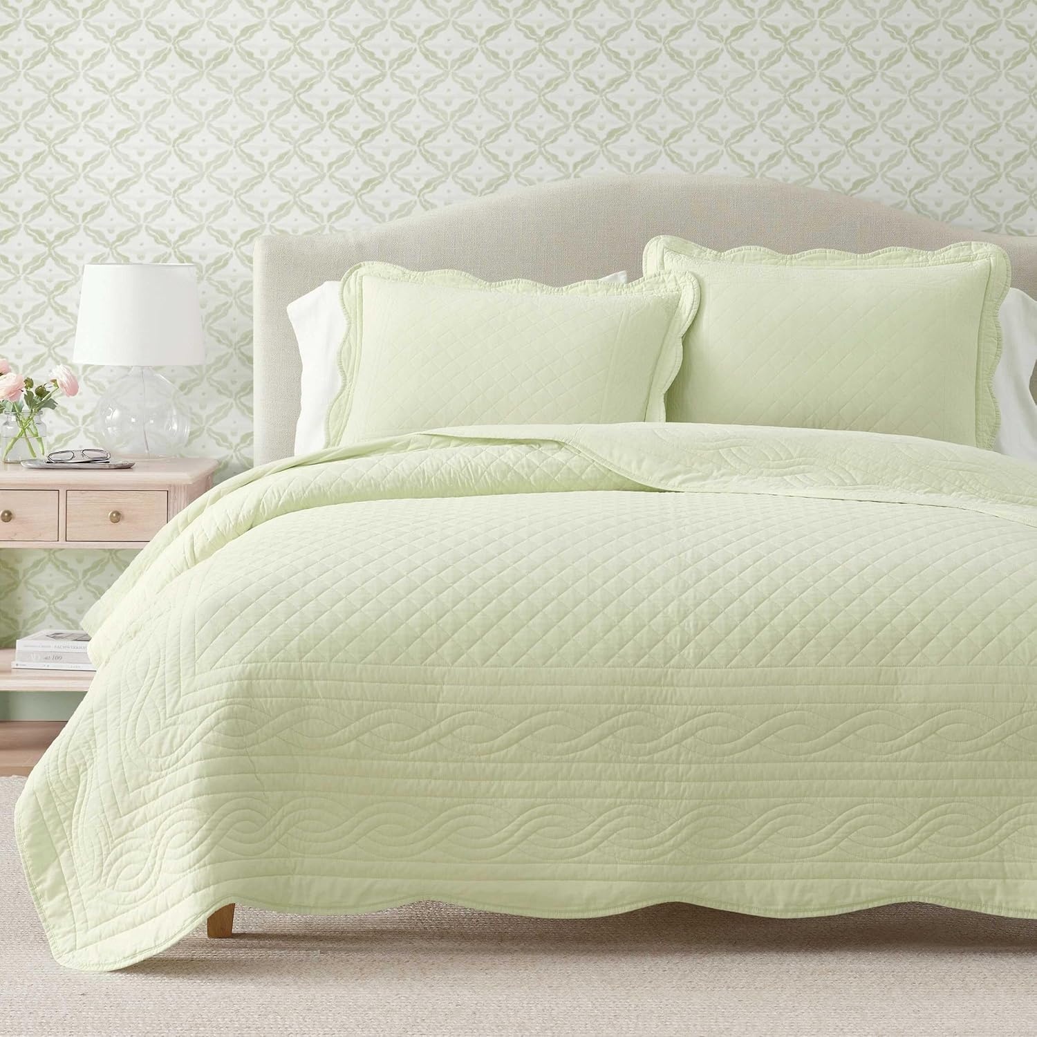 imageMartha Stewart Queen Size Quilt Set Soft amp Smooth Sateen Bedding with a Light and Breathable Feel 3 Piece Bed Set with Matching Pillowcases Fern Embroidery GreyVintage Scallop Green