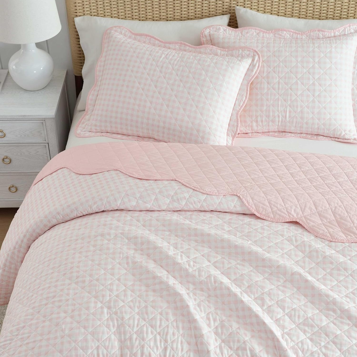 imageMartha Stewart Queen Size Quilt Set Soft amp Smooth Sateen Bedding with a Light and Breathable Feel 3 Piece Bed Set with Matching Pillowcases Fern Embroidery GreyOlivia Gingham Pink