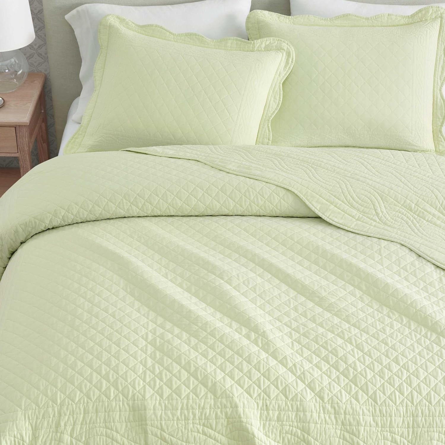 imageMartha Stewart Queen Size Quilt Set Soft amp Smooth Sateen Bedding with a Light and Breathable Feel 3 Piece Bed Set with Matching Pillowcases Fern Embroidery GreyVintage Scallop Green