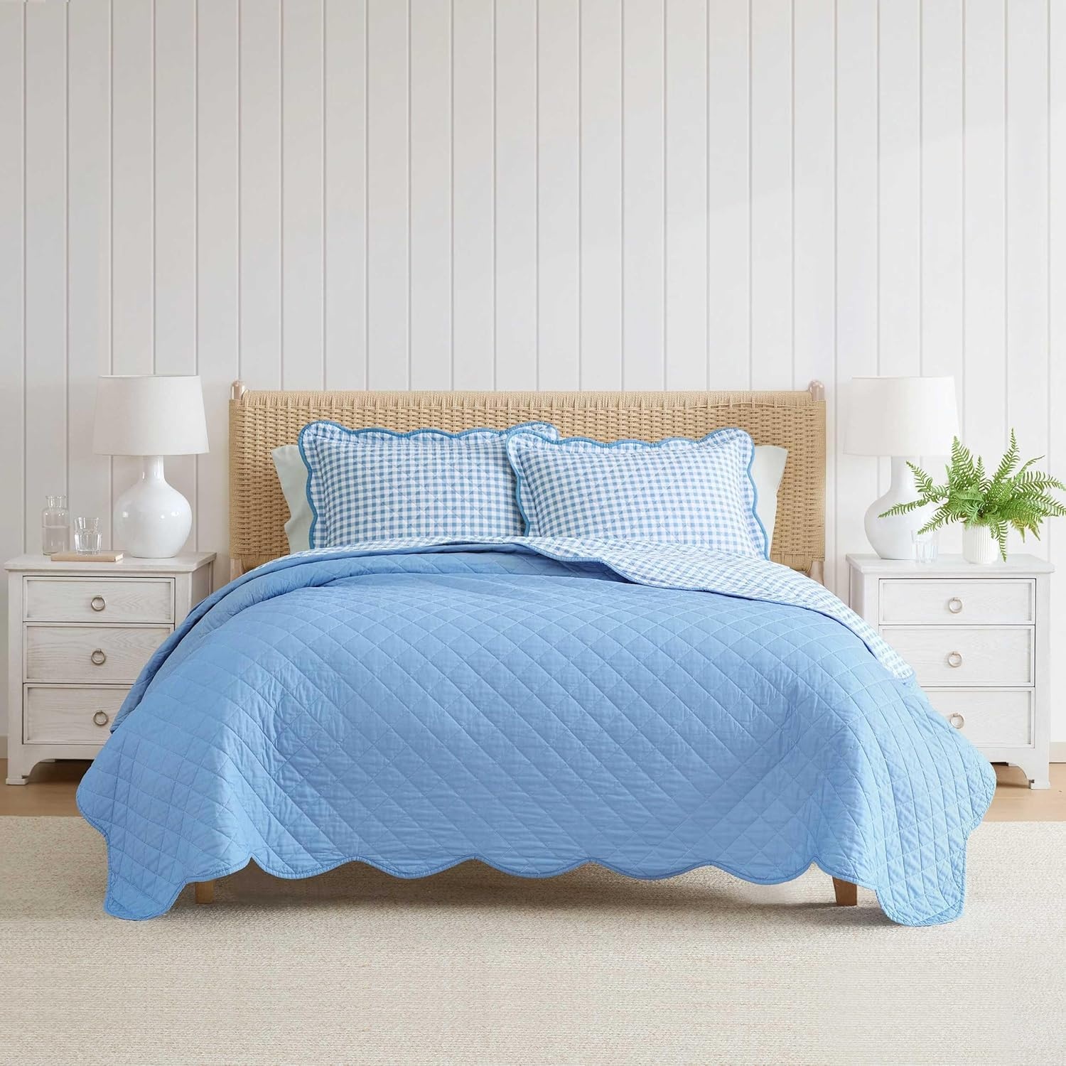 imageMartha Stewart Queen Size Quilt Set Soft amp Smooth Sateen Bedding with a Light and Breathable Feel 3 Piece Bed Set with Matching Pillowcases Fern Embroidery GreyOlivia Gingham Blue