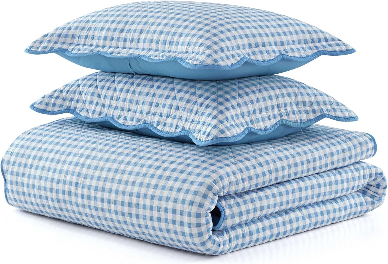 imageMartha Stewart Queen Size Quilt Set Soft amp Smooth Sateen Bedding with a Light and Breathable Feel 3 Piece Bed Set with Matching Pillowcases Fern Embroidery GreyOlivia Gingham Blue