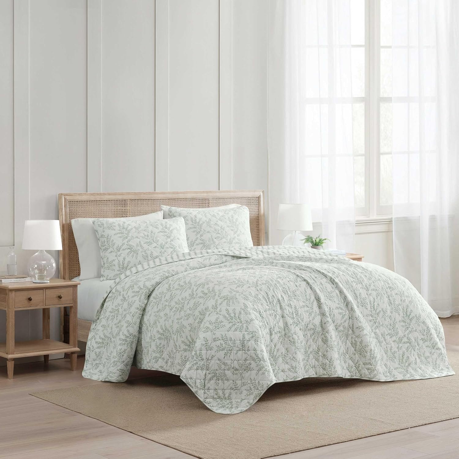 imageMartha Stewart Queen Size Quilt Set Soft amp Smooth Sateen Bedding with a Light and Breathable Feel 3 Piece Bed Set with Matching Pillowcases Fern Embroidery GreyMurray Leaves Green