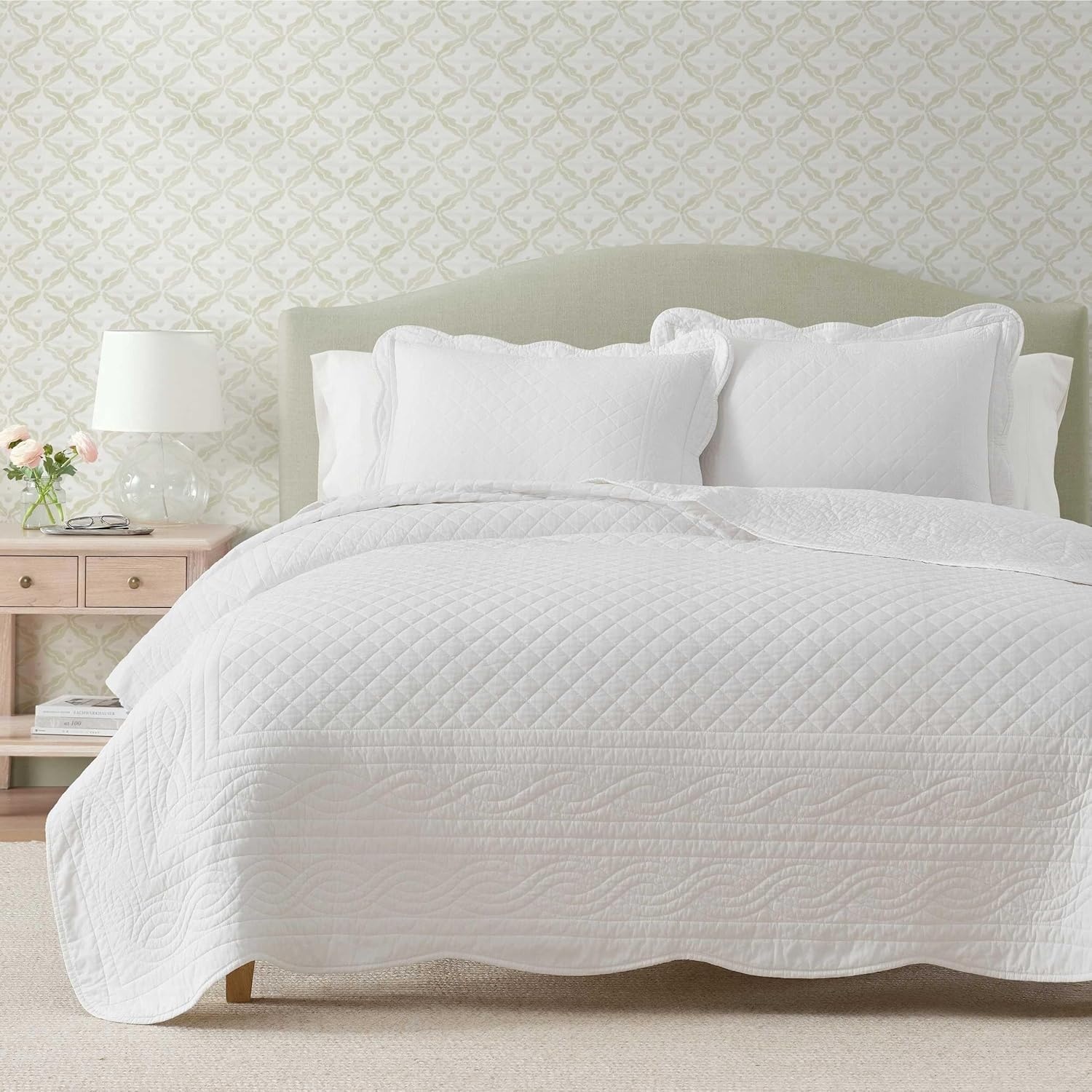 imageMartha Stewart Queen Size Quilt Set Soft amp Smooth Sateen Bedding with a Light and Breathable Feel 3 Piece Bed Set with Matching Pillowcases Fern Embroidery GreyVintage Scallop White