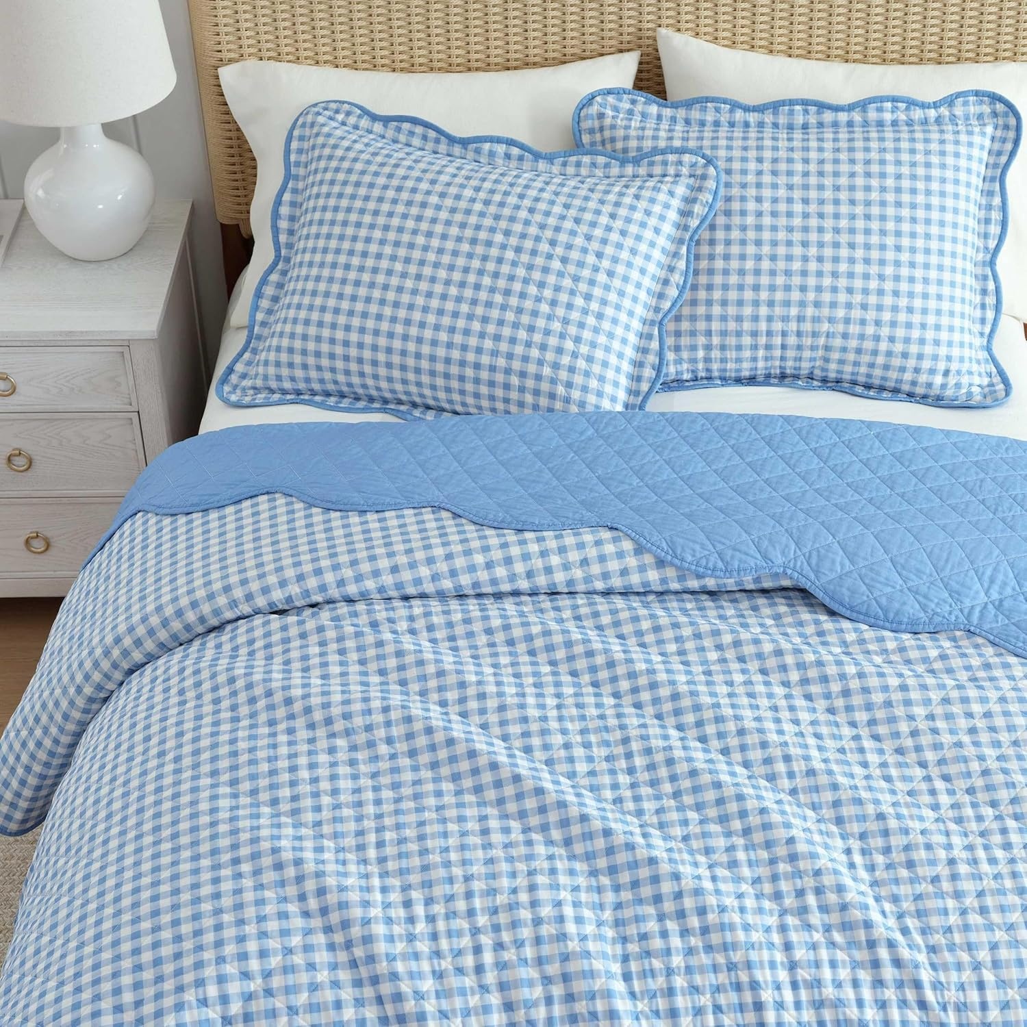 imageMartha Stewart Queen Size Quilt Set Soft amp Smooth Sateen Bedding with a Light and Breathable Feel 3 Piece Bed Set with Matching Pillowcases Fern Embroidery GreyOlivia Gingham Blue