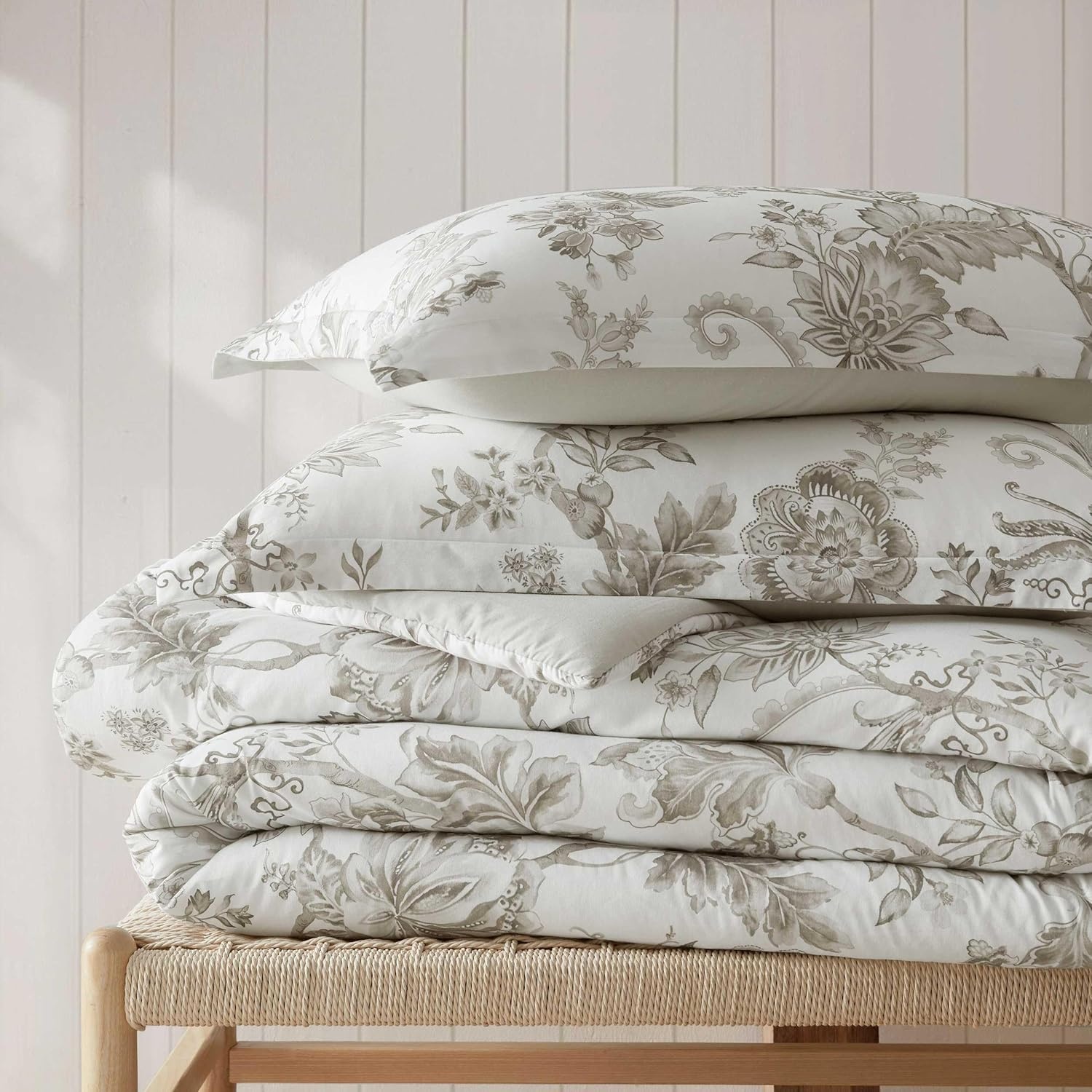 imageMartha Stewart Twin Duvet Cover Set 100 Smooth amp Silky Sateen Cotton Bedding 2 Piece Striped Bedding with Matching Pillowcase Verbena Stripe BlueAvery Floral Grey