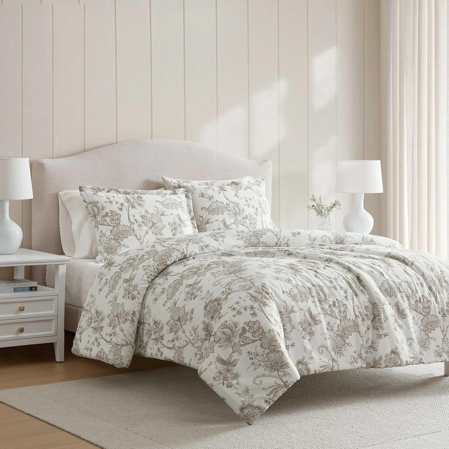 imageMartha Stewart Twin Duvet Cover Set 100 Smooth amp Silky Sateen Cotton Bedding 2 Piece Striped Bedding with Matching Pillowcase Verbena Stripe BlueAvery Floral Grey