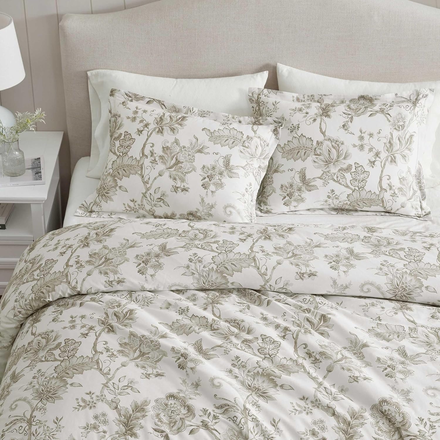 imageMartha Stewart Twin Duvet Cover Set 100 Smooth amp Silky Sateen Cotton Bedding 2 Piece Striped Bedding with Matching Pillowcase Verbena Stripe BlueAvery Floral Grey