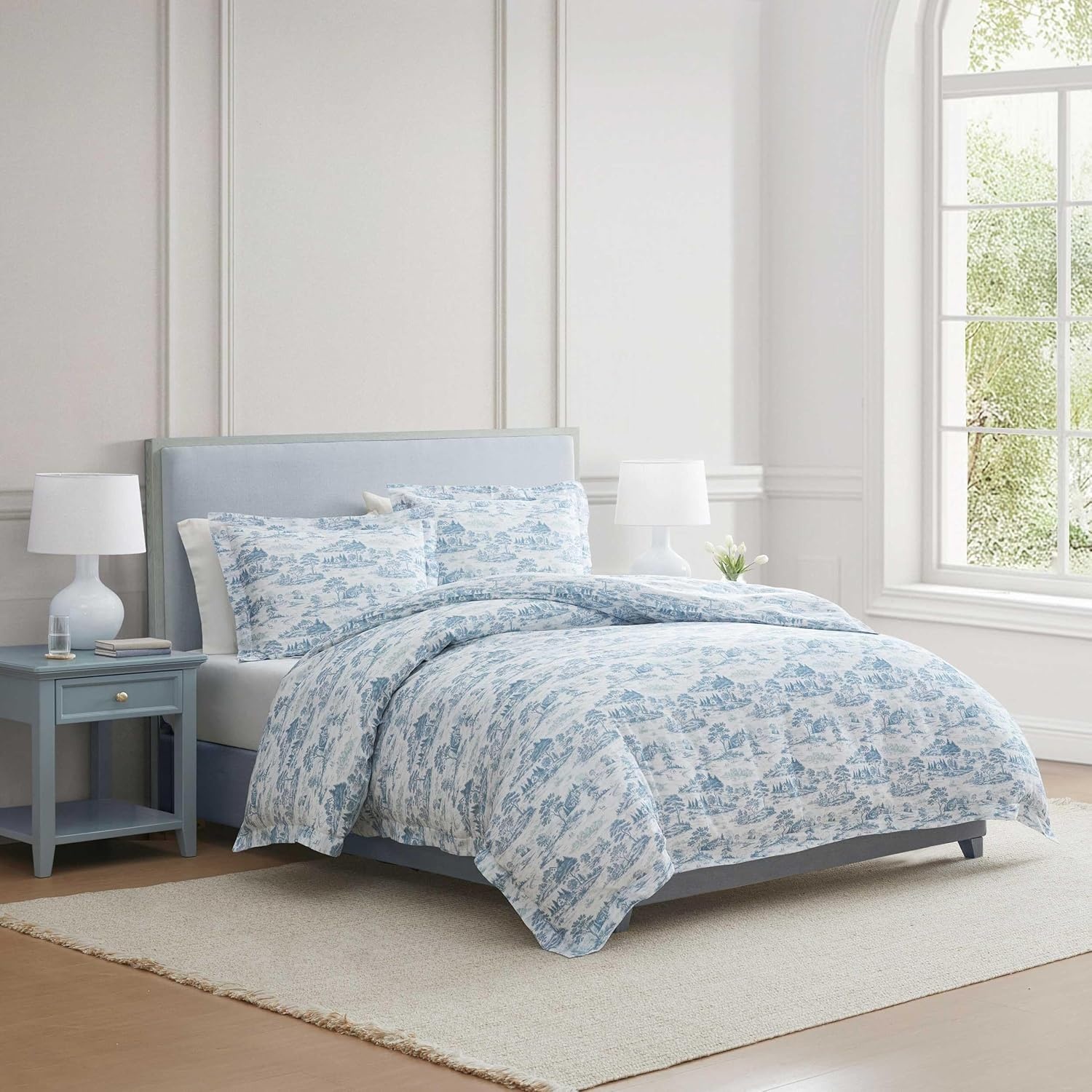 imageMartha Stewart Twin Duvet Cover Set 100 Smooth amp Silky Sateen Cotton Bedding 2 Piece Striped Bedding with Matching Pillowcase Verbena Stripe BlueFarmhouse Toile Blue