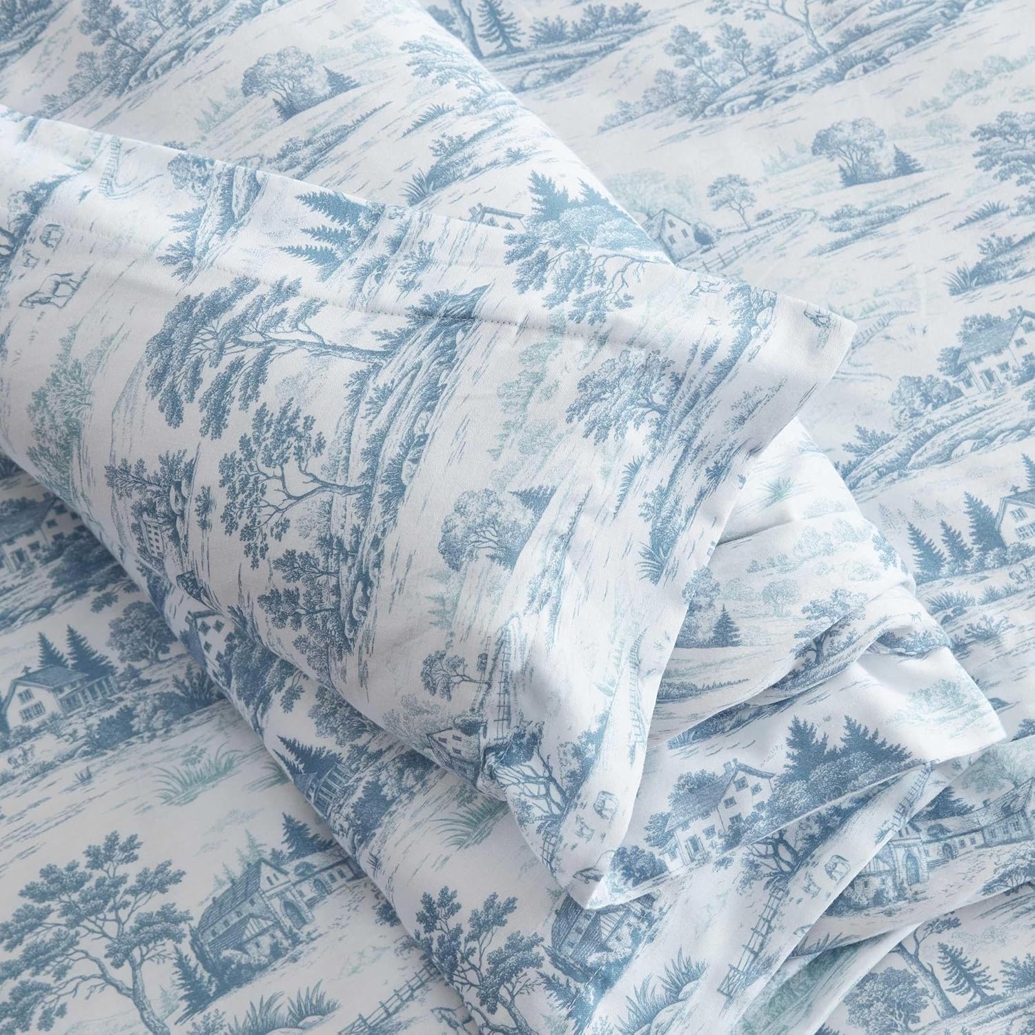 imageMartha Stewart Twin Duvet Cover Set 100 Smooth amp Silky Sateen Cotton Bedding 2 Piece Striped Bedding with Matching Pillowcase Verbena Stripe BlueFarmhouse Toile Blue