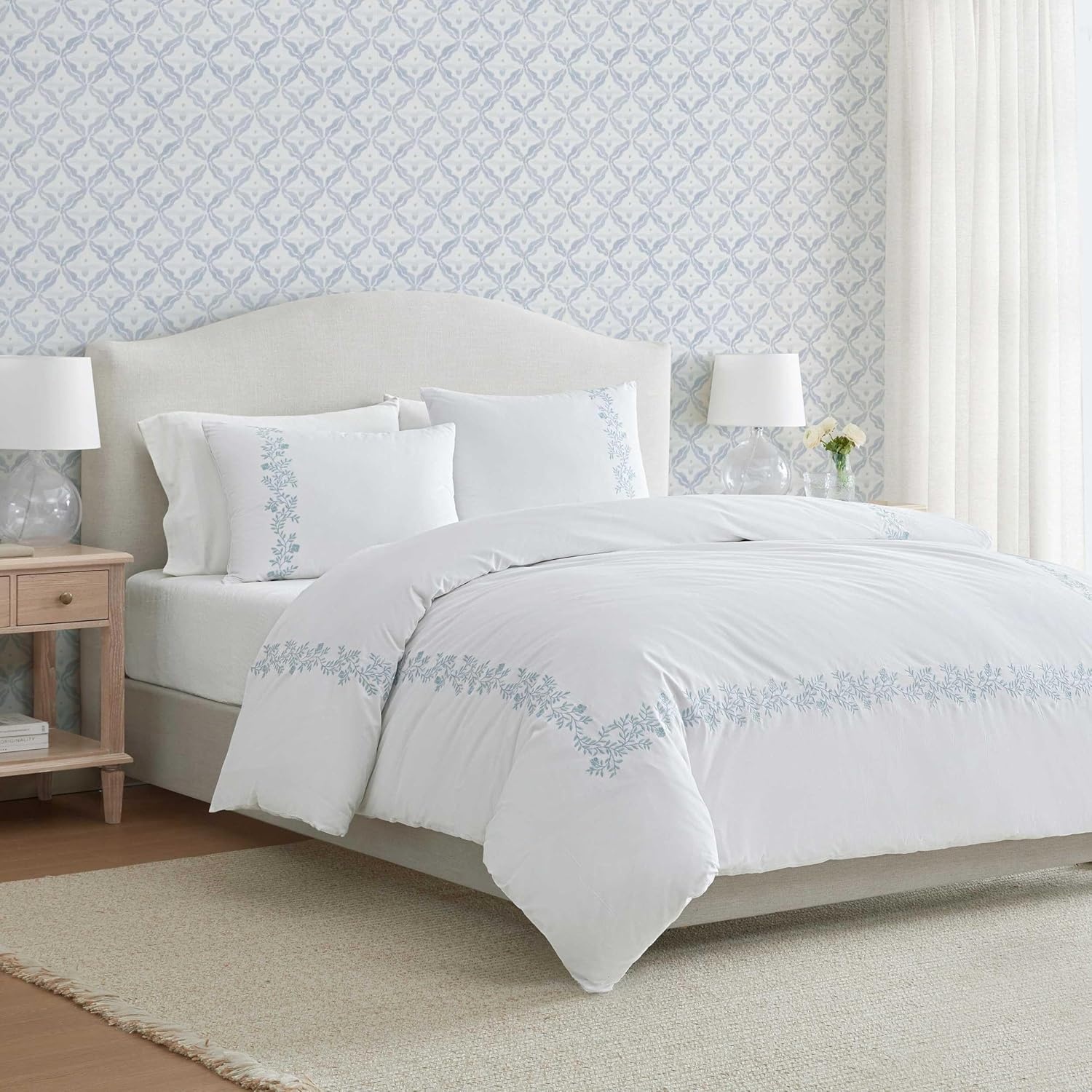 imageMartha Stewart Twin Duvet Cover Set 100 Smooth amp Silky Sateen Cotton Bedding 2 Piece Striped Bedding with Matching Pillowcase Verbena Stripe BlueGarden Path Embroidery Blue