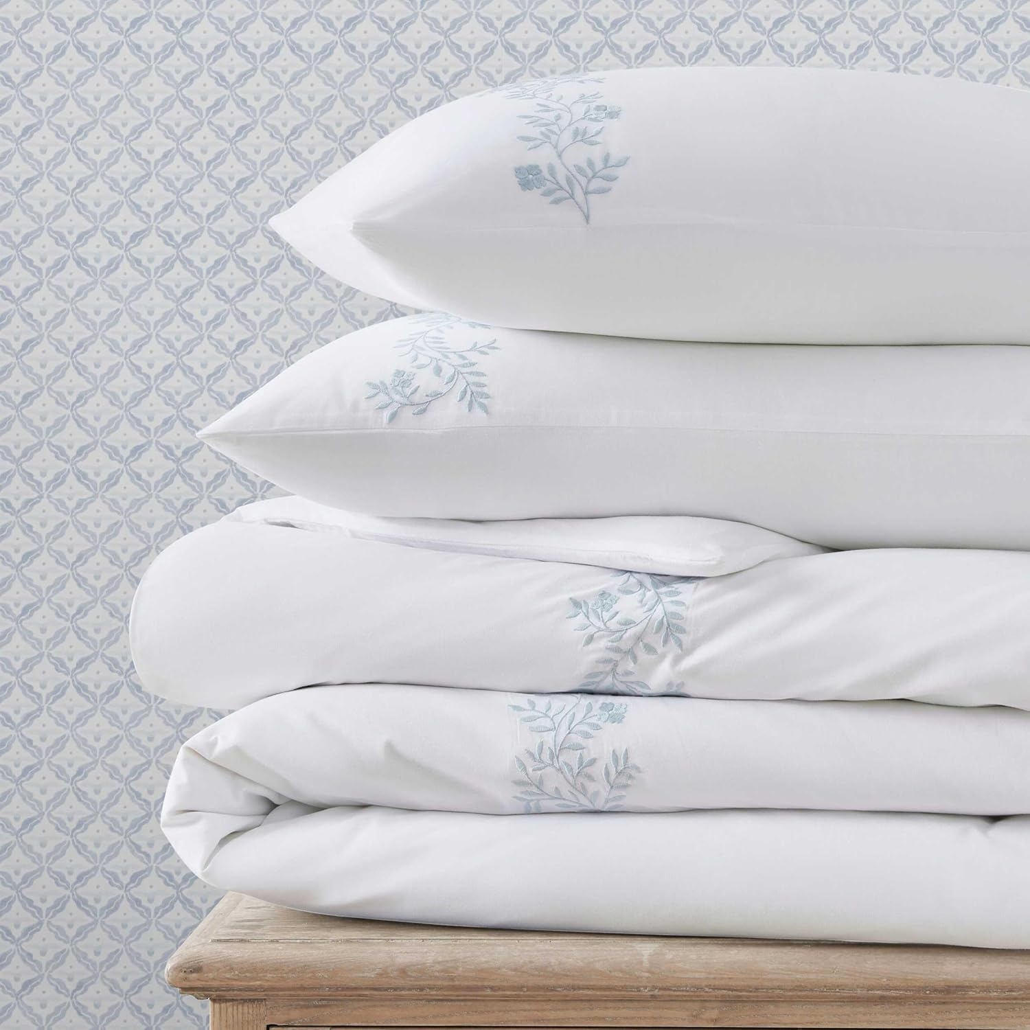 imageMartha Stewart Twin Duvet Cover Set 100 Smooth amp Silky Sateen Cotton Bedding 2 Piece Striped Bedding with Matching Pillowcase Verbena Stripe BlueGarden Path Embroidery Blue