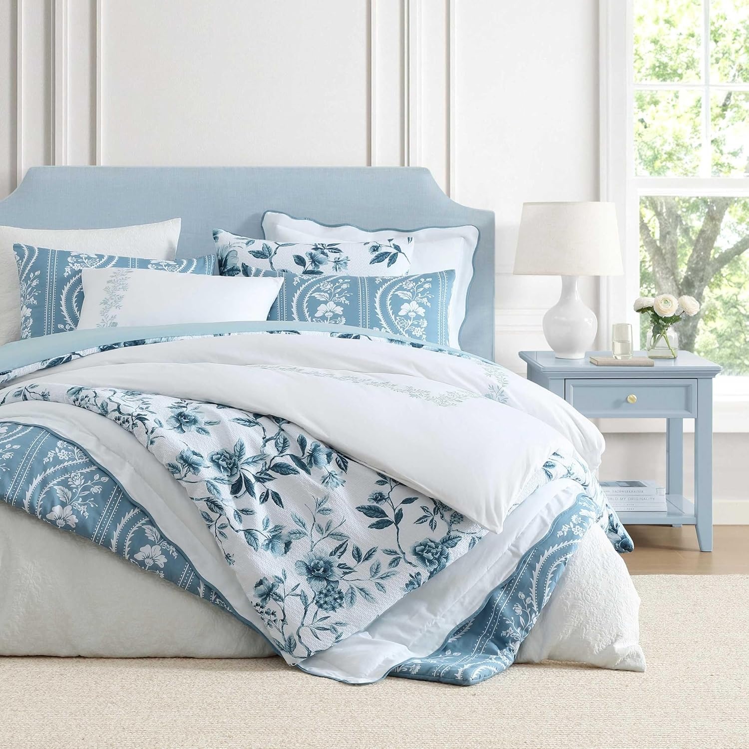 imageMartha Stewart Twin Duvet Cover Set 100 Smooth amp Silky Sateen Cotton Bedding 2 Piece Striped Bedding with Matching Pillowcase Verbena Stripe BlueGarden Path Embroidery Blue