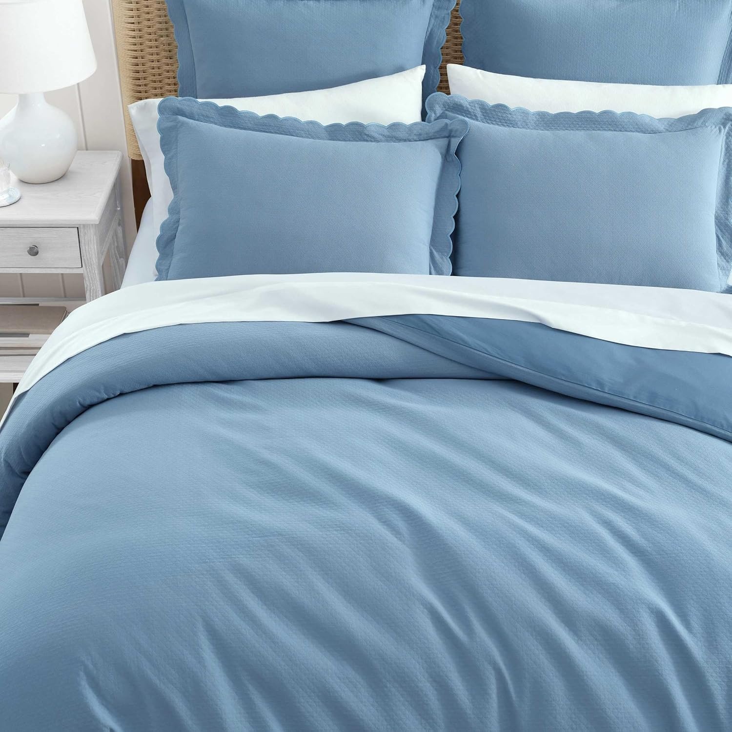 imageMartha Stewart Twin Duvet Cover Set 100 Smooth amp Silky Sateen Cotton Bedding 2 Piece Striped Bedding with Matching Pillowcase Verbena Stripe BlueSignature Scallop Blue