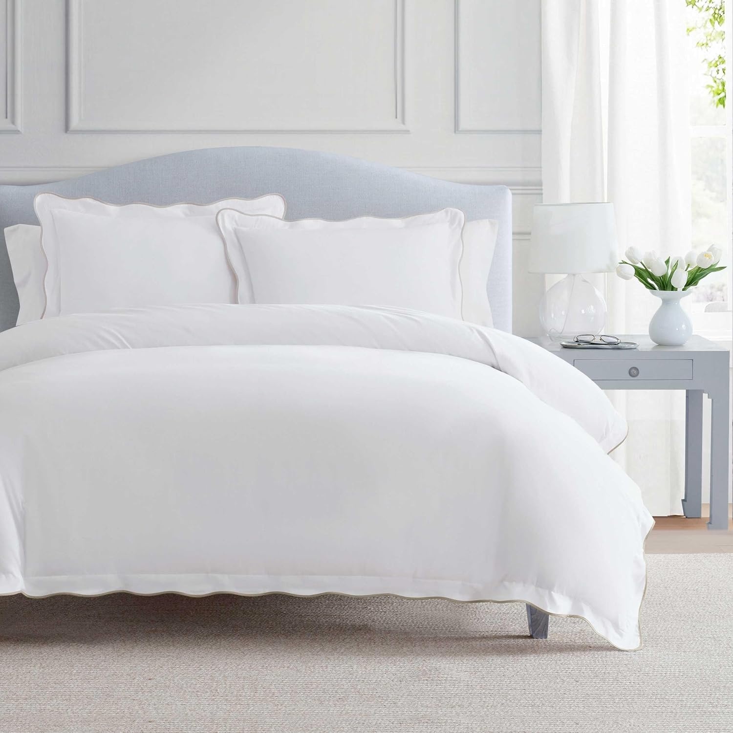 imageMartha Stewart Twin Duvet Cover Set 100 Smooth amp Silky Sateen Cotton Bedding 2 Piece Striped Bedding with Matching Pillowcase Verbena Stripe BlueSimple Scallop Beige