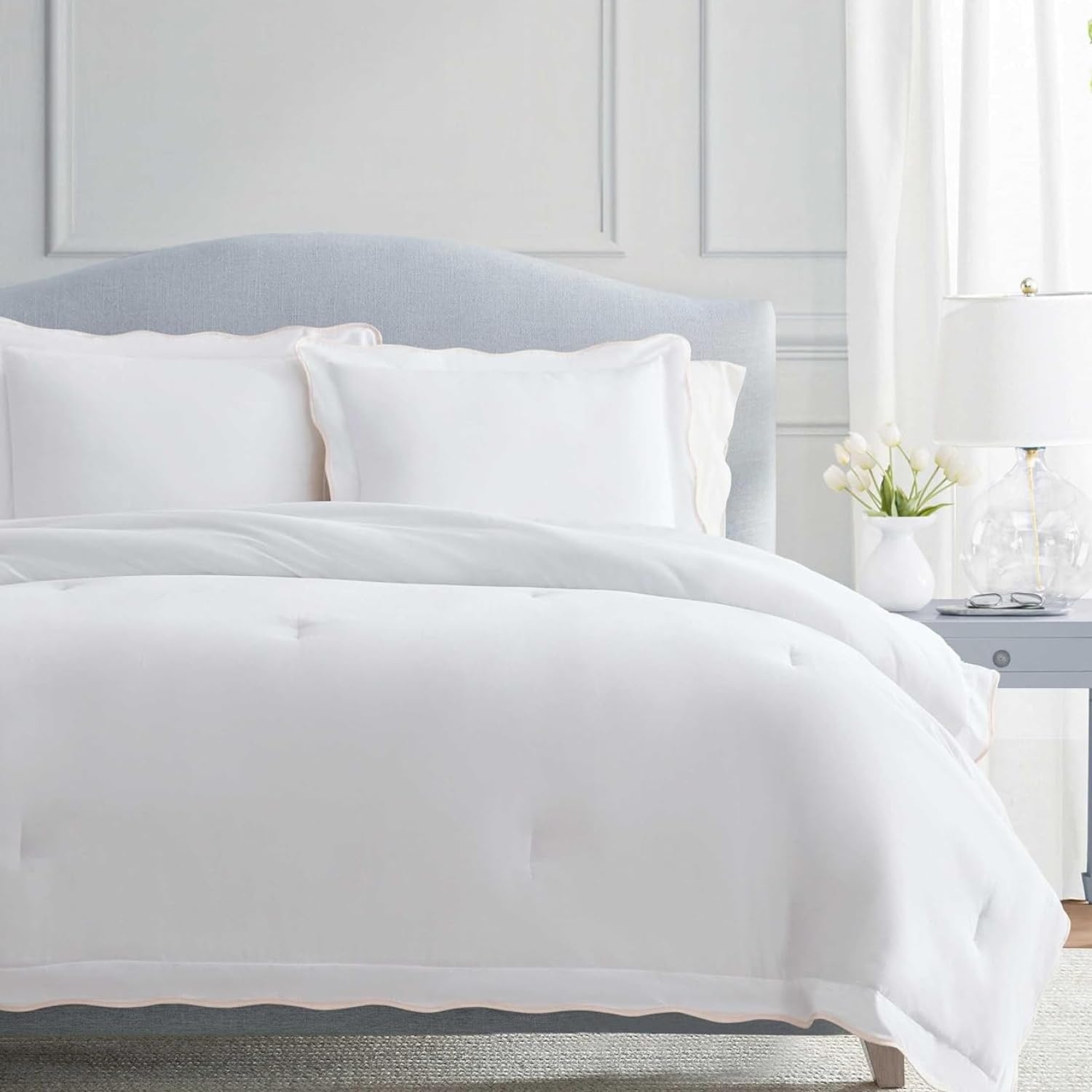 imageMartha Stewart Twin Duvet Cover Set 100 Smooth amp Silky Sateen Cotton Bedding 2 Piece Striped Bedding with Matching Pillowcase Verbena Stripe BlueSimple Scallop Pink