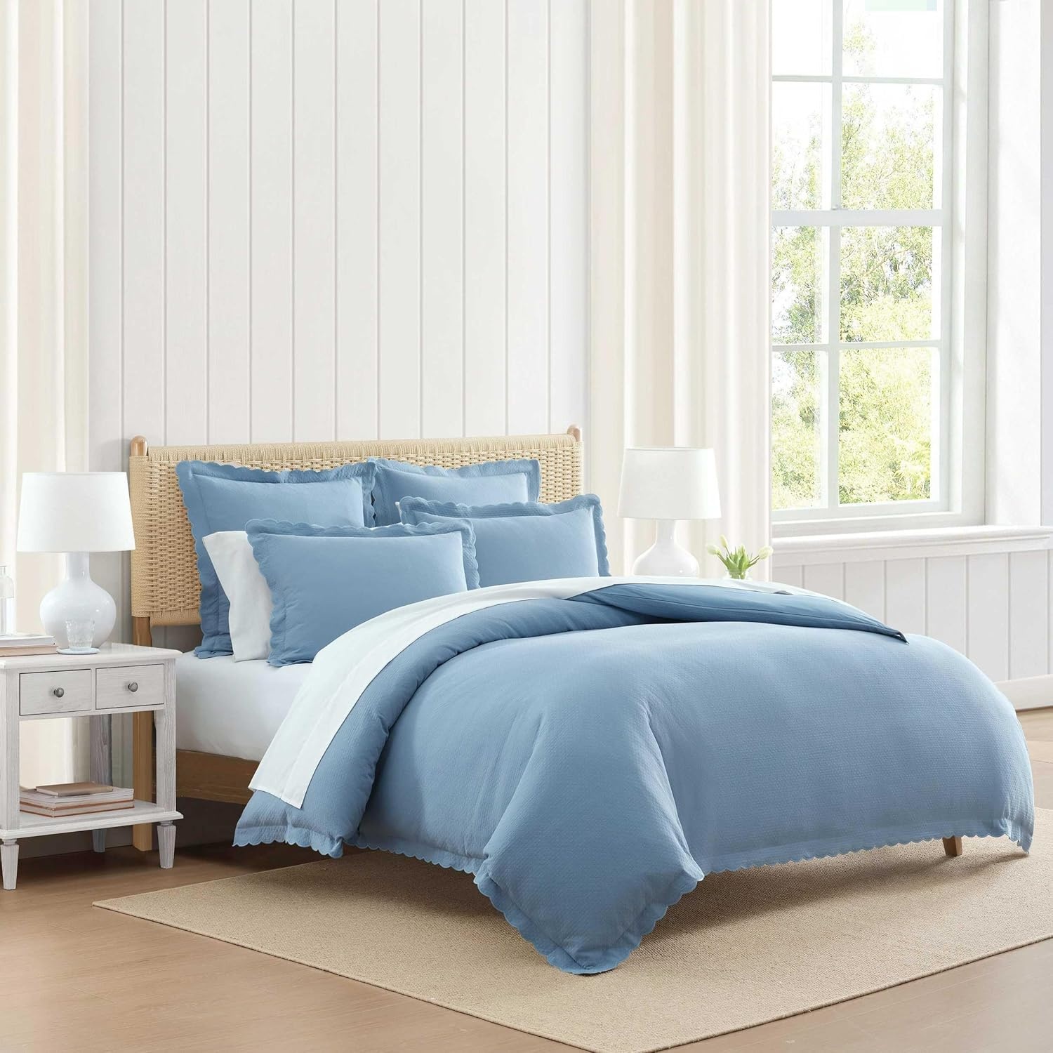 imageMartha Stewart Twin Duvet Cover Set 100 Smooth amp Silky Sateen Cotton Bedding 2 Piece Striped Bedding with Matching Pillowcase Verbena Stripe BlueSignature Scallop Blue