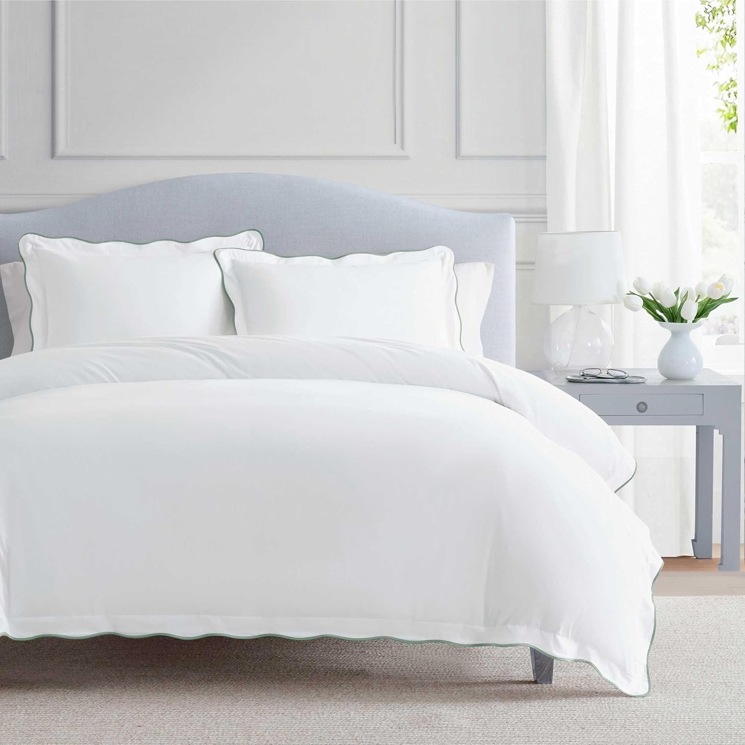 imageMartha Stewart Twin Duvet Cover Set 100 Smooth amp Silky Sateen Cotton Bedding 2 Piece Striped Bedding with Matching Pillowcase Verbena Stripe BlueSimple Scallop Green