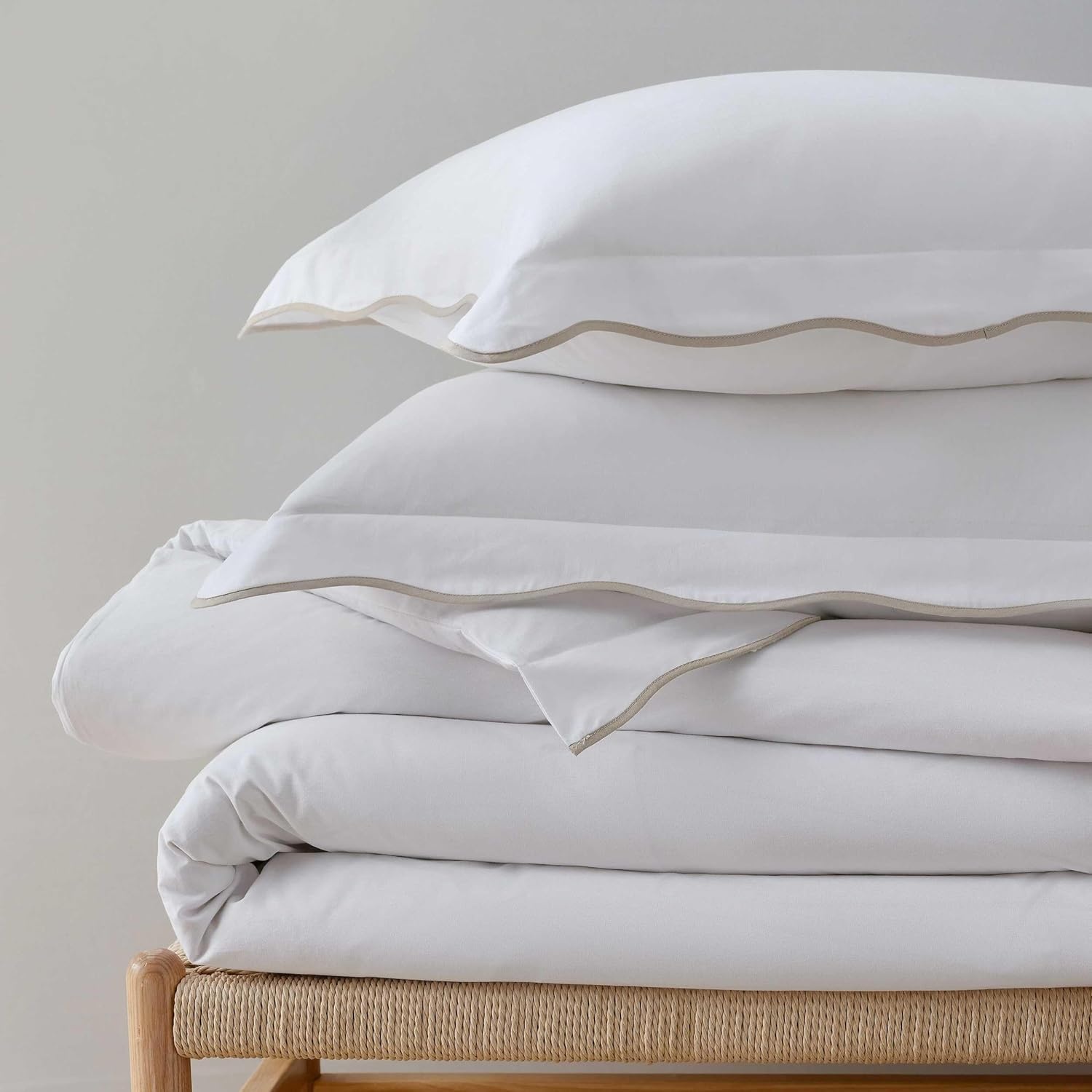 imageMartha Stewart Twin Duvet Cover Set 100 Smooth amp Silky Sateen Cotton Bedding 2 Piece Striped Bedding with Matching Pillowcase Verbena Stripe BlueSimple Scallop Beige