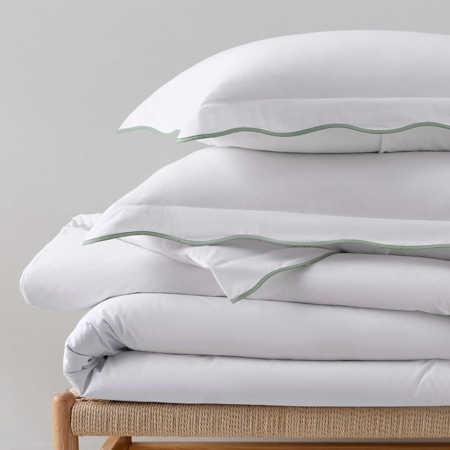 imageMartha Stewart Twin Duvet Cover Set 100 Smooth amp Silky Sateen Cotton Bedding 2 Piece Striped Bedding with Matching Pillowcase Verbena Stripe BlueSimple Scallop Green
