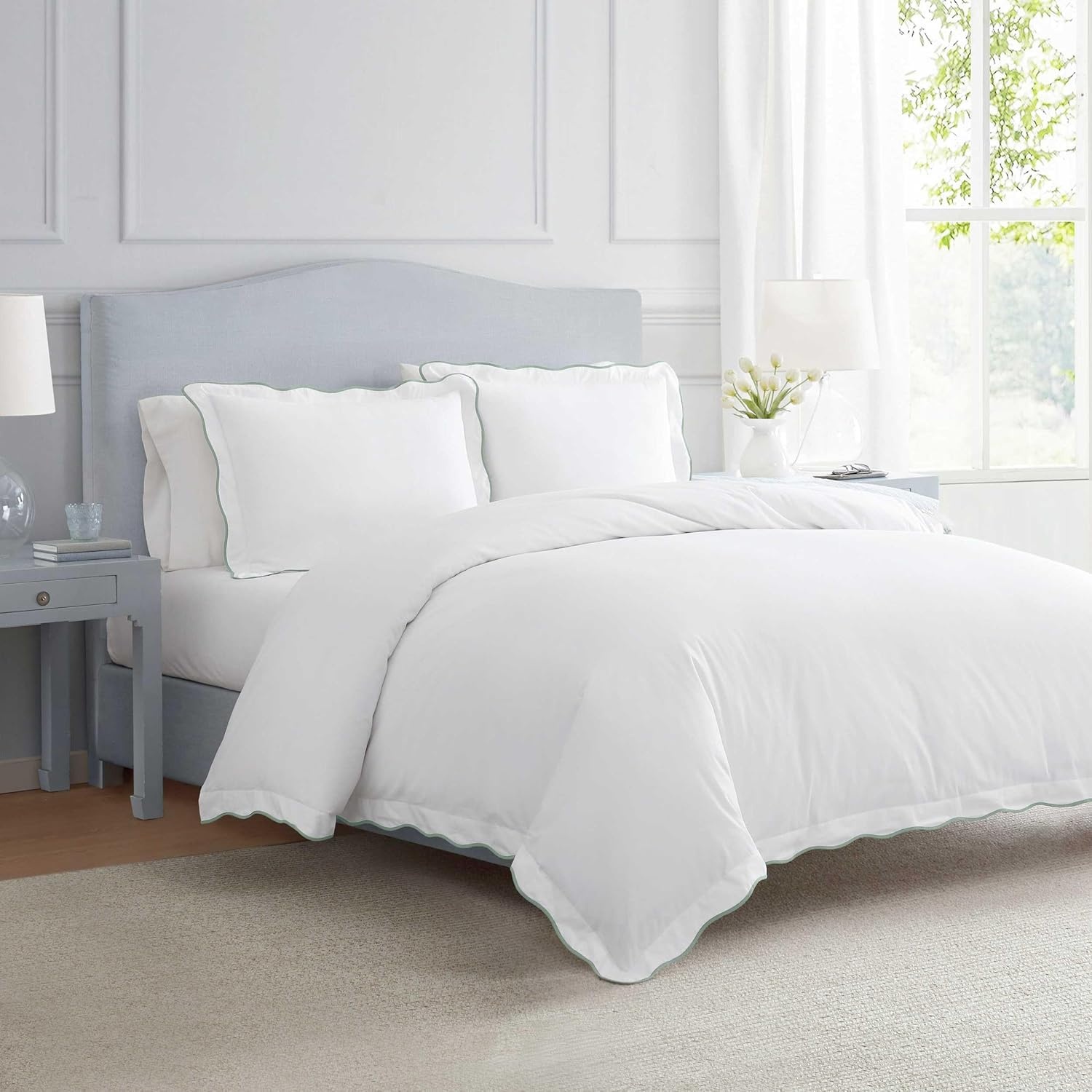 imageMartha Stewart Twin Duvet Cover Set 100 Smooth amp Silky Sateen Cotton Bedding 2 Piece Striped Bedding with Matching Pillowcase Verbena Stripe BlueSimple Scallop Green