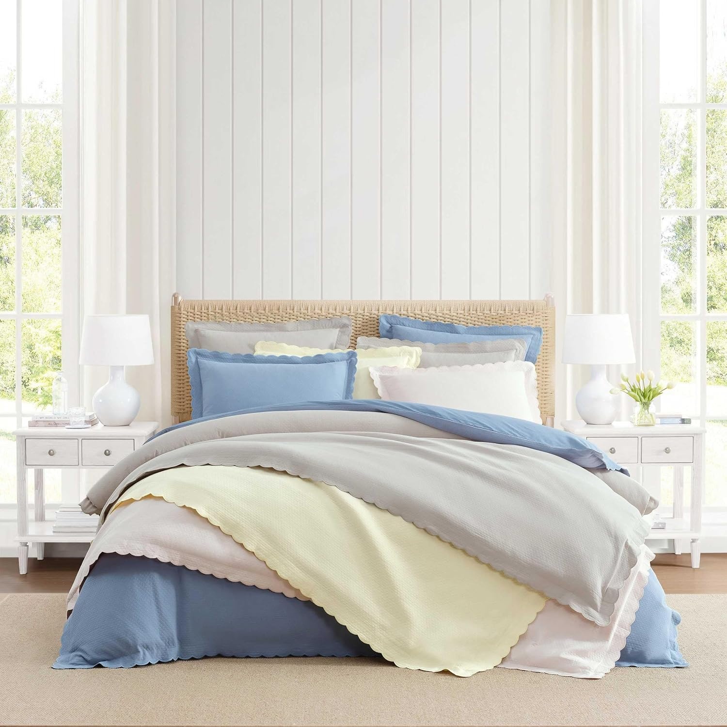 imageMartha Stewart Twin Duvet Cover Set 100 Smooth amp Silky Sateen Cotton Bedding 2 Piece Striped Bedding with Matching Pillowcase Verbena Stripe BlueSignature Scallop White