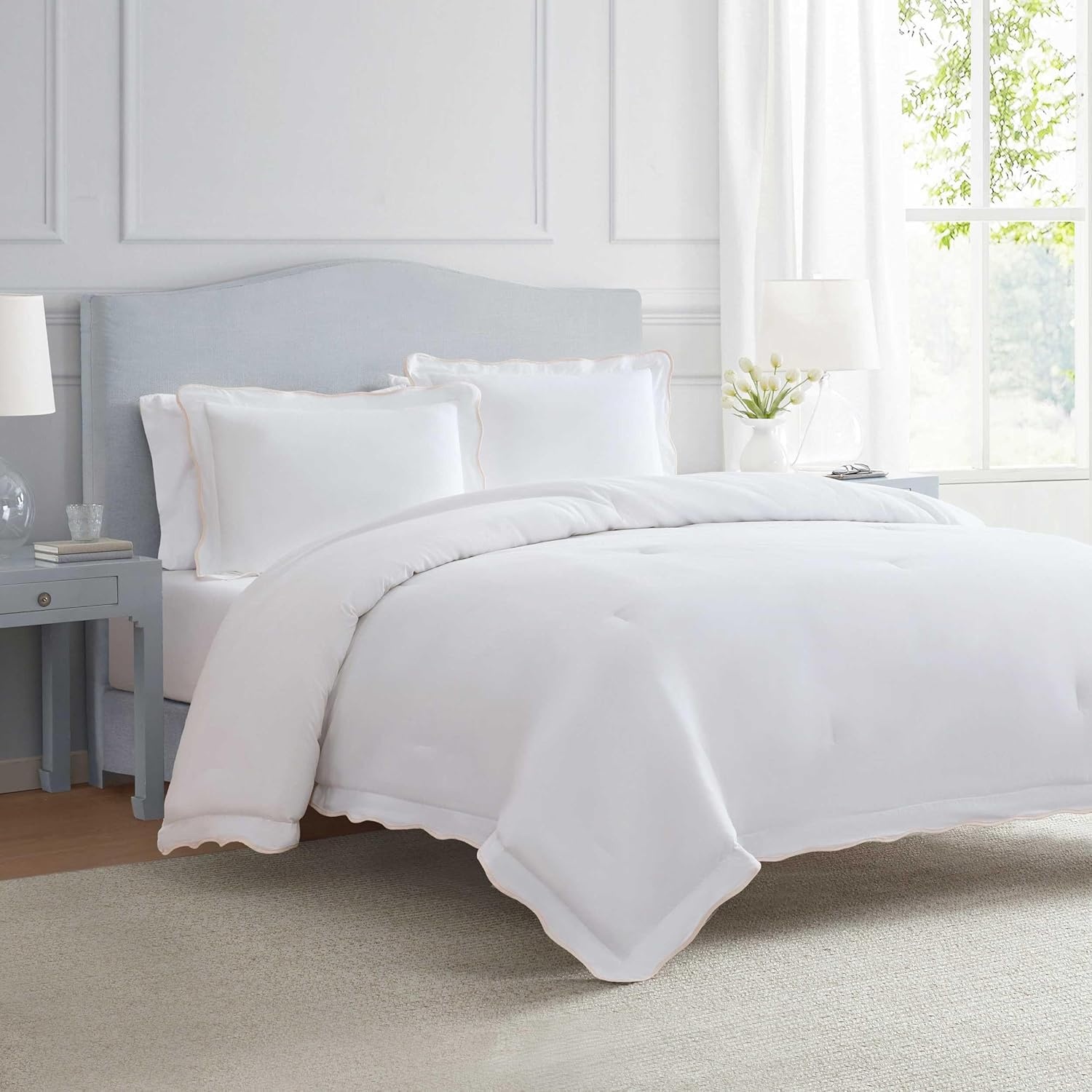 imageMartha Stewart Twin Duvet Cover Set 100 Smooth amp Silky Sateen Cotton Bedding 2 Piece Striped Bedding with Matching Pillowcase Verbena Stripe BlueSimple Scallop Pink
