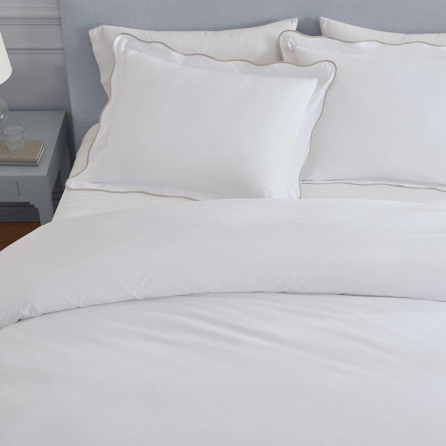 imageMartha Stewart Twin Duvet Cover Set 100 Smooth amp Silky Sateen Cotton Bedding 2 Piece Striped Bedding with Matching Pillowcase Verbena Stripe BlueSimple Scallop Beige