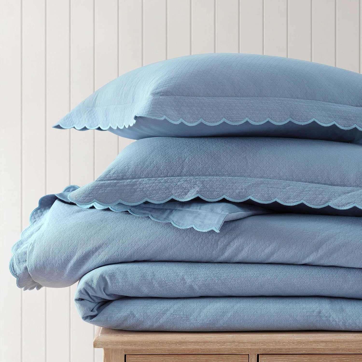 imageMartha Stewart Twin Duvet Cover Set 100 Smooth amp Silky Sateen Cotton Bedding 2 Piece Striped Bedding with Matching Pillowcase Verbena Stripe BlueSignature Scallop Blue