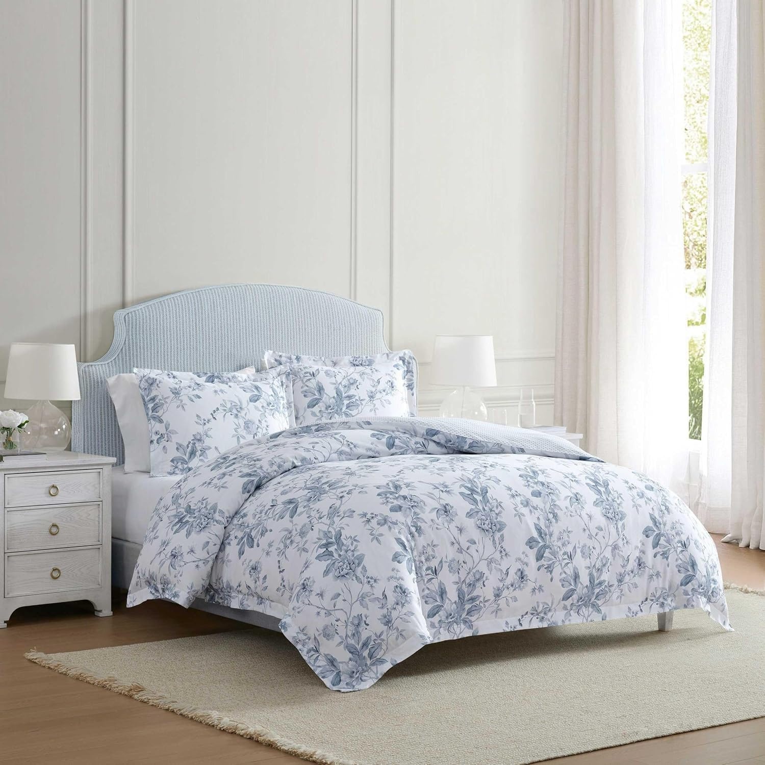 imageMartha Stewart Twin Duvet Cover Set 100 Smooth amp Silky Sateen Cotton Bedding 2 Piece Striped Bedding with Matching Pillowcase Verbena Stripe BlueSongbird Blue