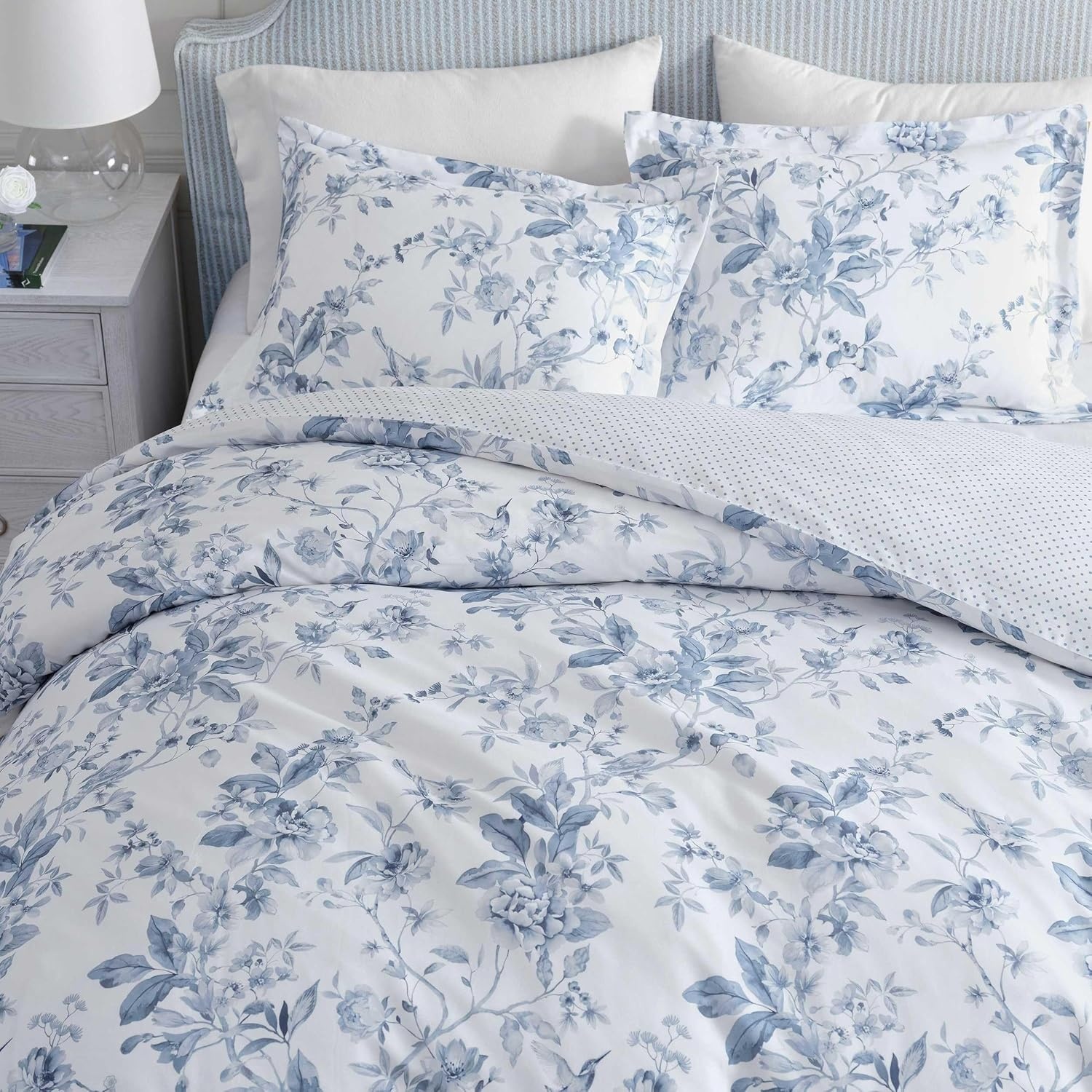 imageMartha Stewart Twin Duvet Cover Set 100 Smooth amp Silky Sateen Cotton Bedding 2 Piece Striped Bedding with Matching Pillowcase Verbena Stripe BlueSongbird Blue